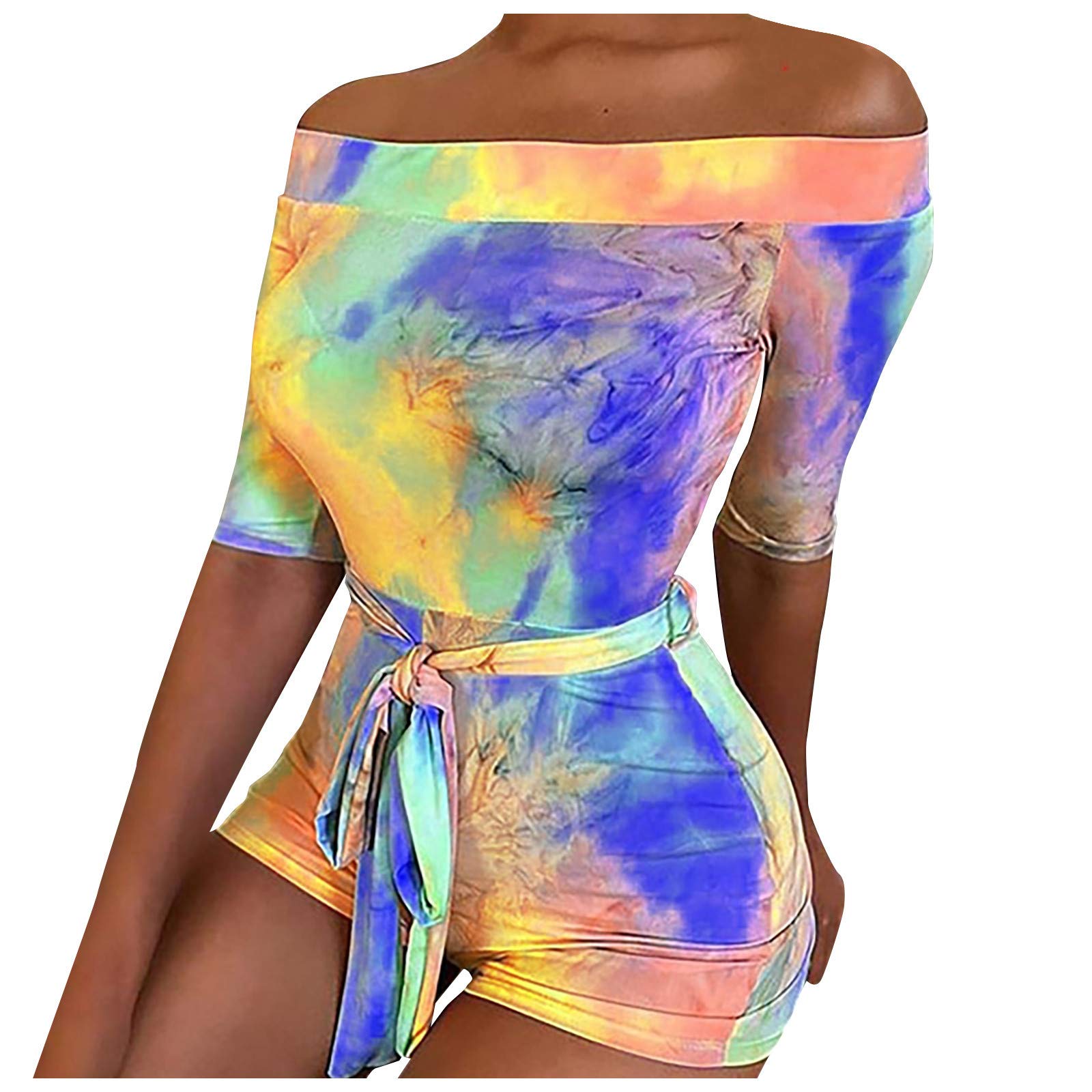 Posijego Women's Tie Dye Off Shoulder Jumpsuit - Casual Short Sleeve Graphic One Piece Romper | Perfect for Summer Outings, Beach Vacations & Music Festivals
