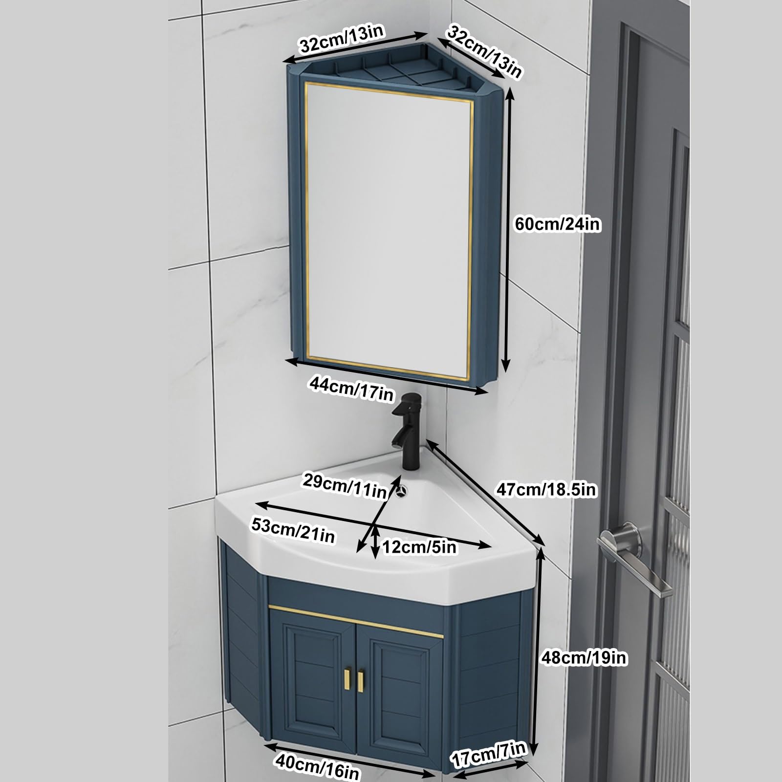 Wall Mounted Corner Bathroom Vanity Sink Cabinet with Mirror & Storage - 19 Inch Space Saving Design for Small Bathrooms, Powder Rooms & Apartments