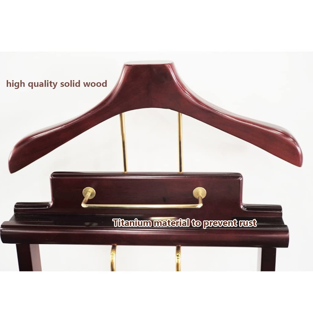 Premium Wooden Suit Valet Stand with Wheels - Mahogany Wardrobe Organizer with Top Tray, Contour Hanger, Trouser Bar, Tie/Belt Rack & Shoe Storage (46