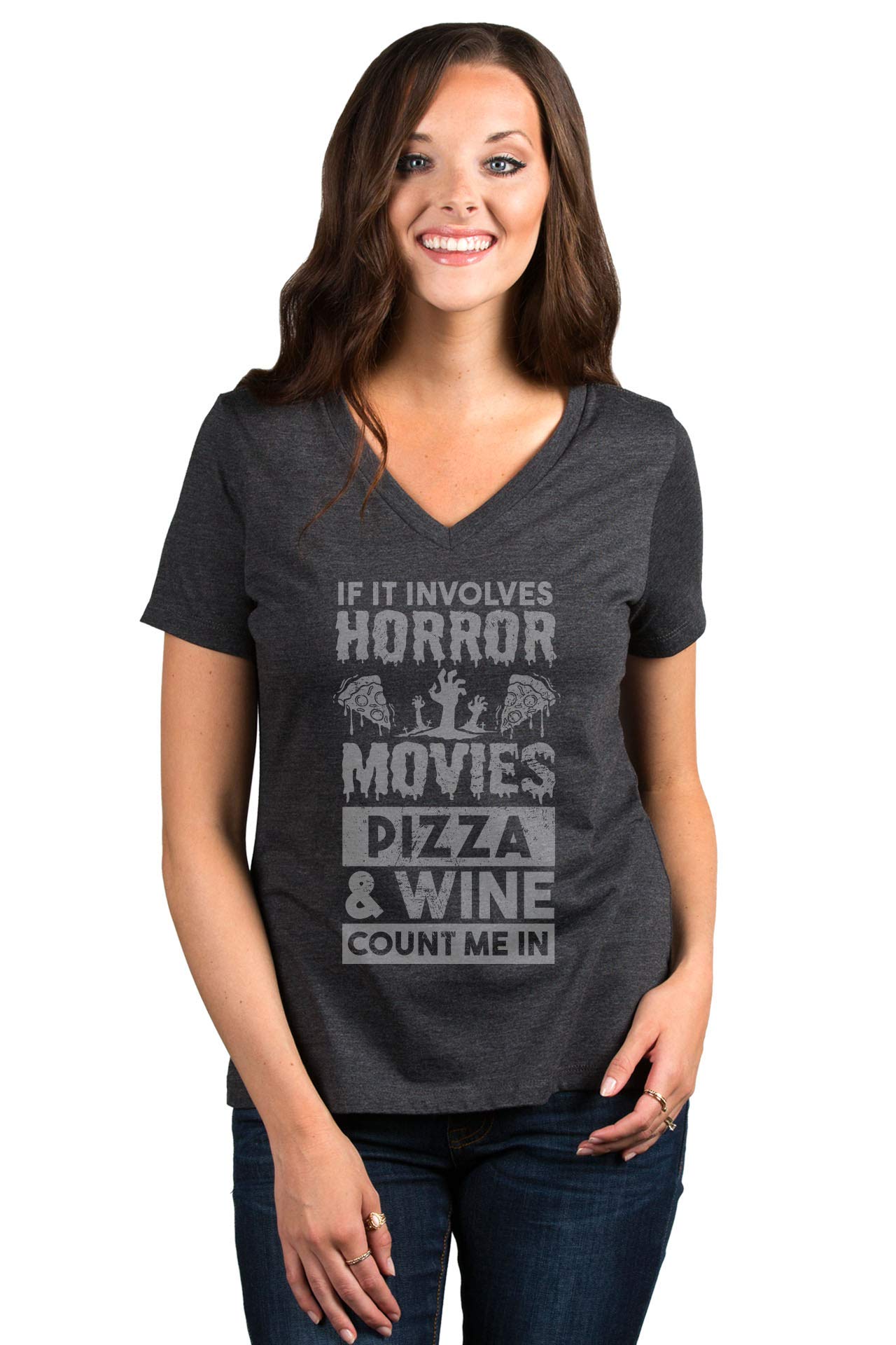 Horror Movie Pizza & Wine Women's Relaxed V-Neck T-Shirt - Casual Graphic Tee for Halloween, Movie Nights & Wine Parties
