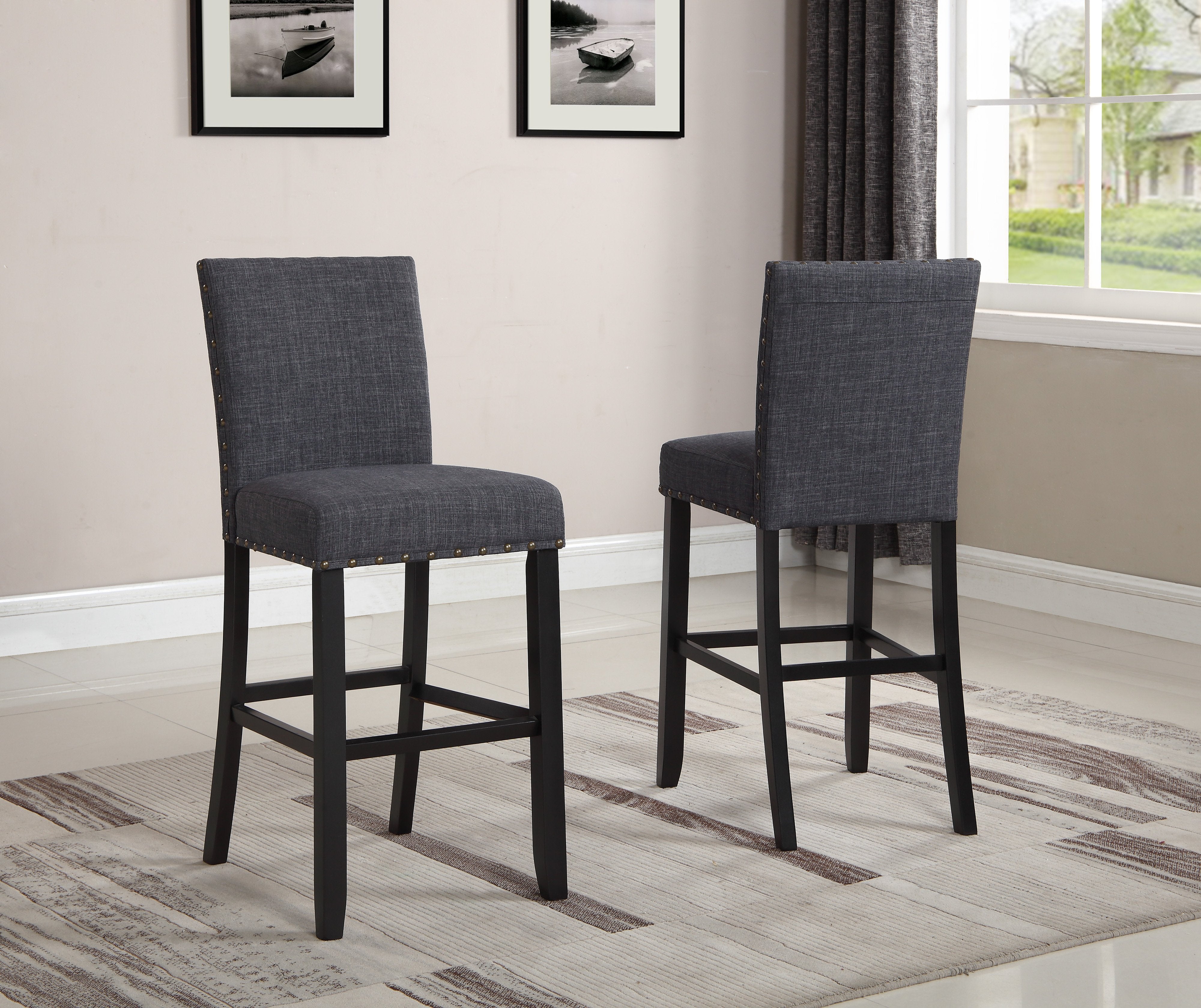 Roundhill Furniture Biony Fabric Bar Stools with Nailhead Trim, Set of 2 - Gray Upholstered Counter Height Stools for Kitchen Island, Breakfast Bar & Home Decor