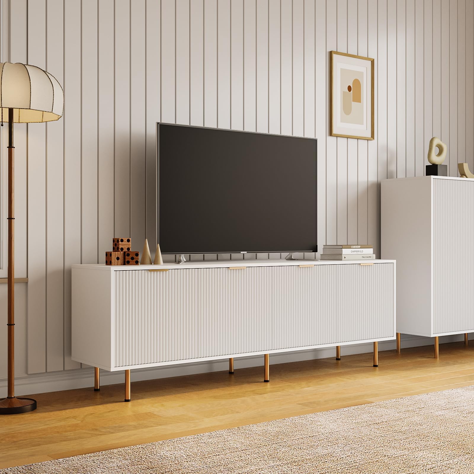 Mid Century Modern TV Stand for 80 Inch TV - Entertainment Center with 4 Large Drawers, Living Room TV Console with Storage - White - Perfect for Bedroom, Home Theater & Family Room Media Organization
