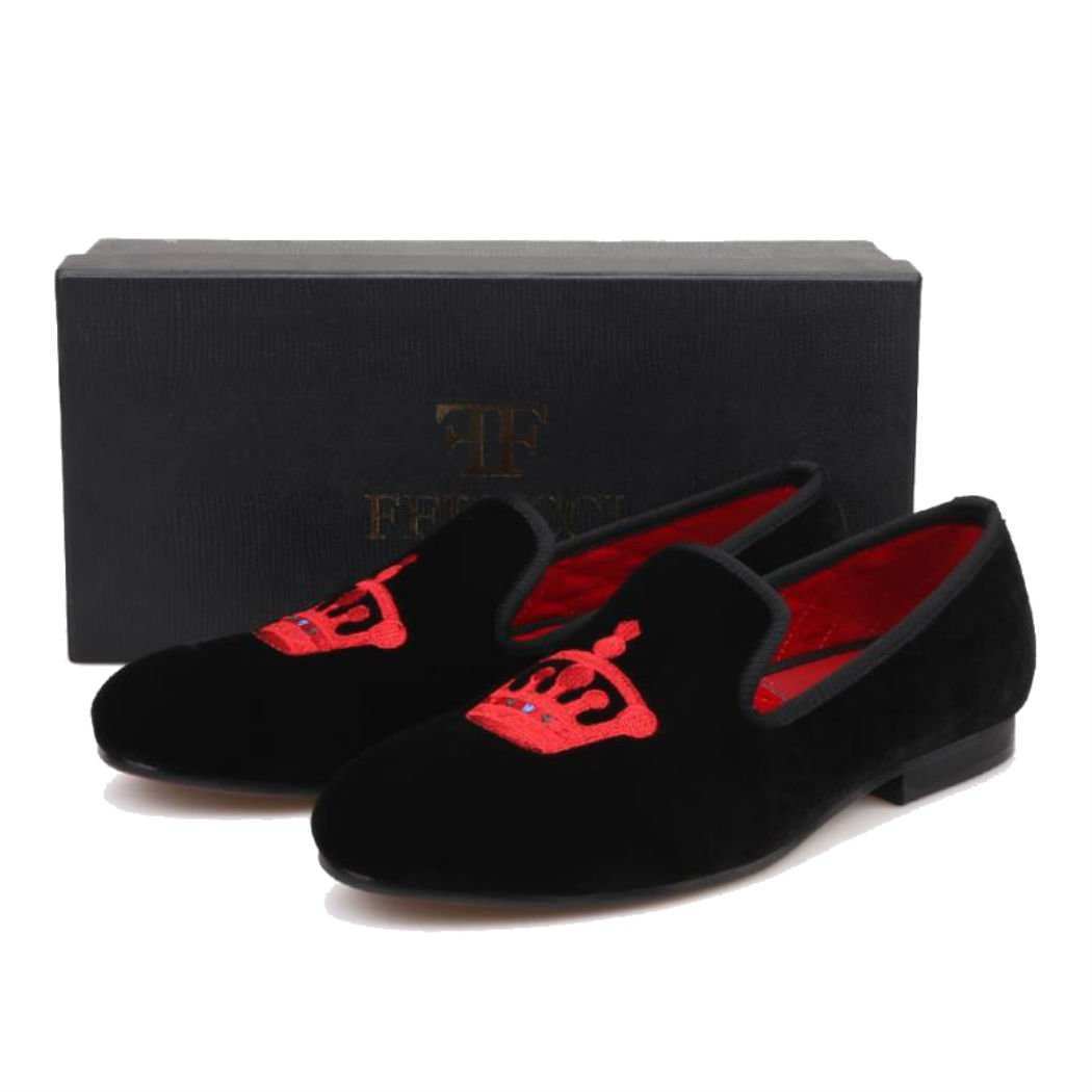 FERUCCI Handmade Men's Black Velvet Slippers - Premium Loafers with Red Crown Design | Comfortable House Shoes for Indoor & Outdoor Wear | Perfect Gift for Fathers Day, Christmas & Special Occasions
