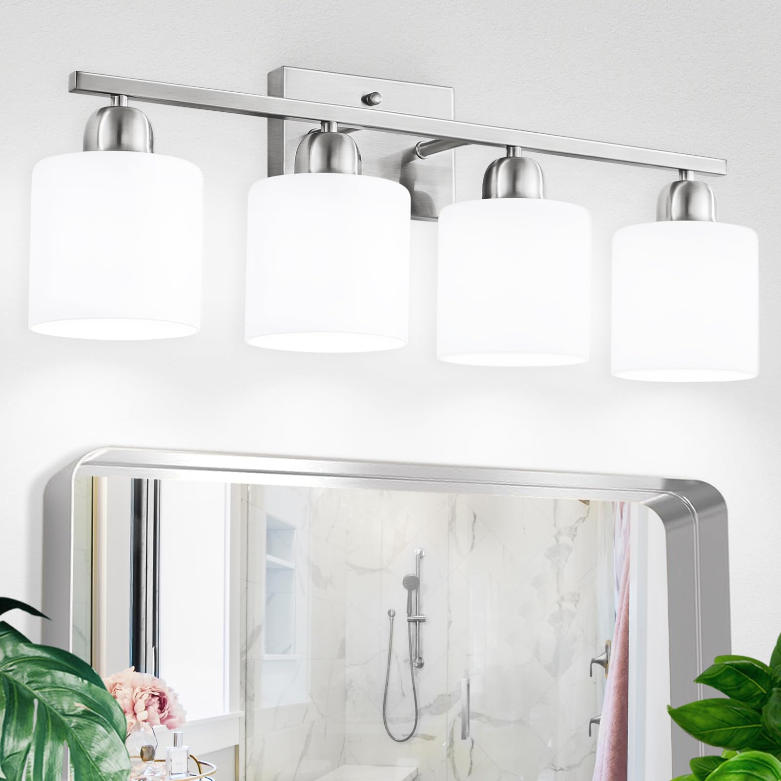 4-Light Brushed Nickel Bathroom Vanity Light Fixture with Milky White Frosted Glass Shade - E26 Base Wall Sconce for Mirror, Bedroom & Living Room - Perfect for Modern Home Decor and Ambient Lighting