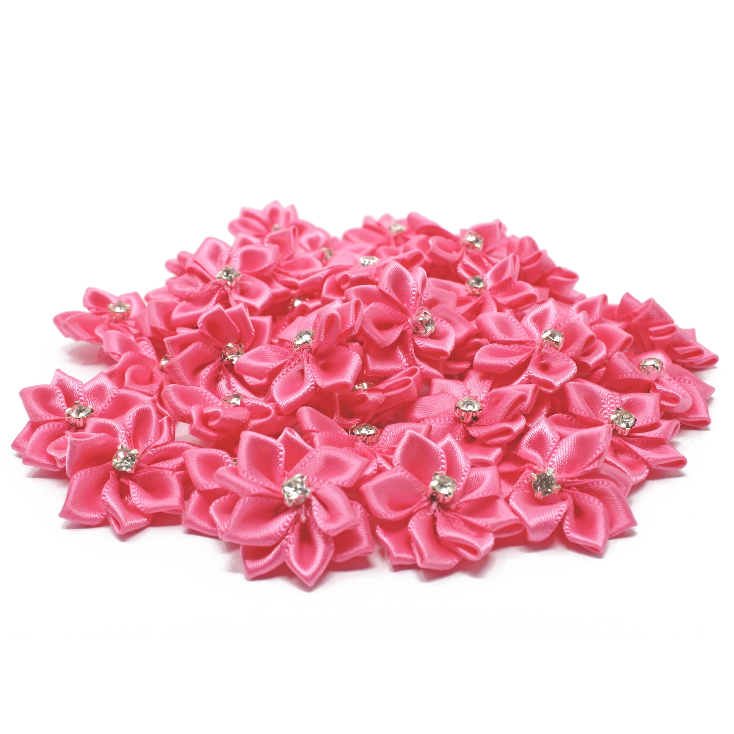 25mm Pink Satin Ribbon Flowers with Rhinestone Diamante Center - Pack of 10 for DIY Crafts, Wedding Bouquets, Hair Accessories & Gift Wrapping