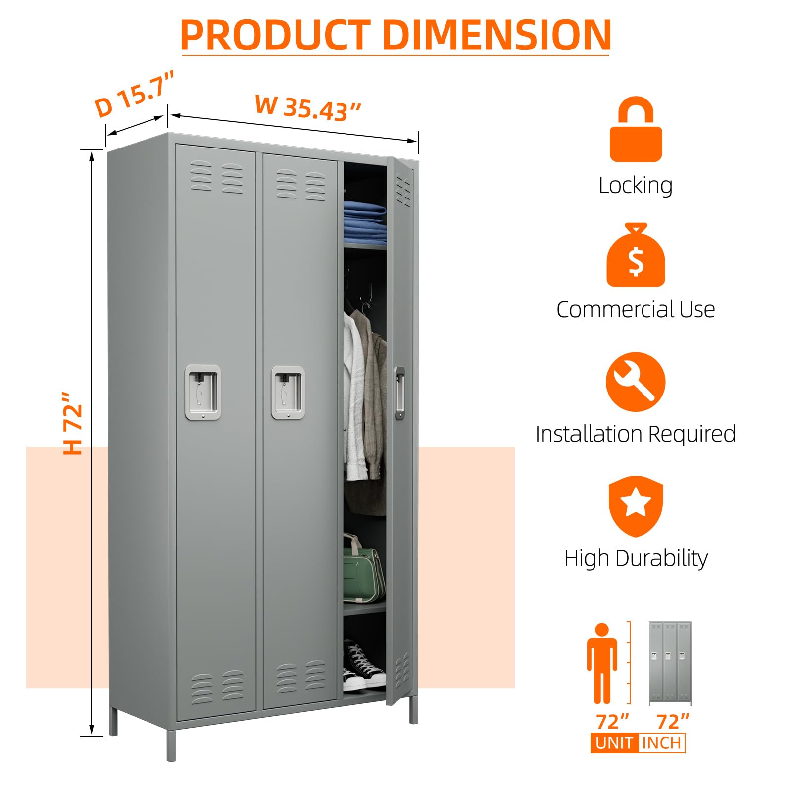 3-Door Metal Storage Locker with Hooks - Light Gray Employee Locker for School, Hospital, Gym, Home Office & Garage - Easy Assembly | Perfect for Employee Storage, Sports Equipment & Organization