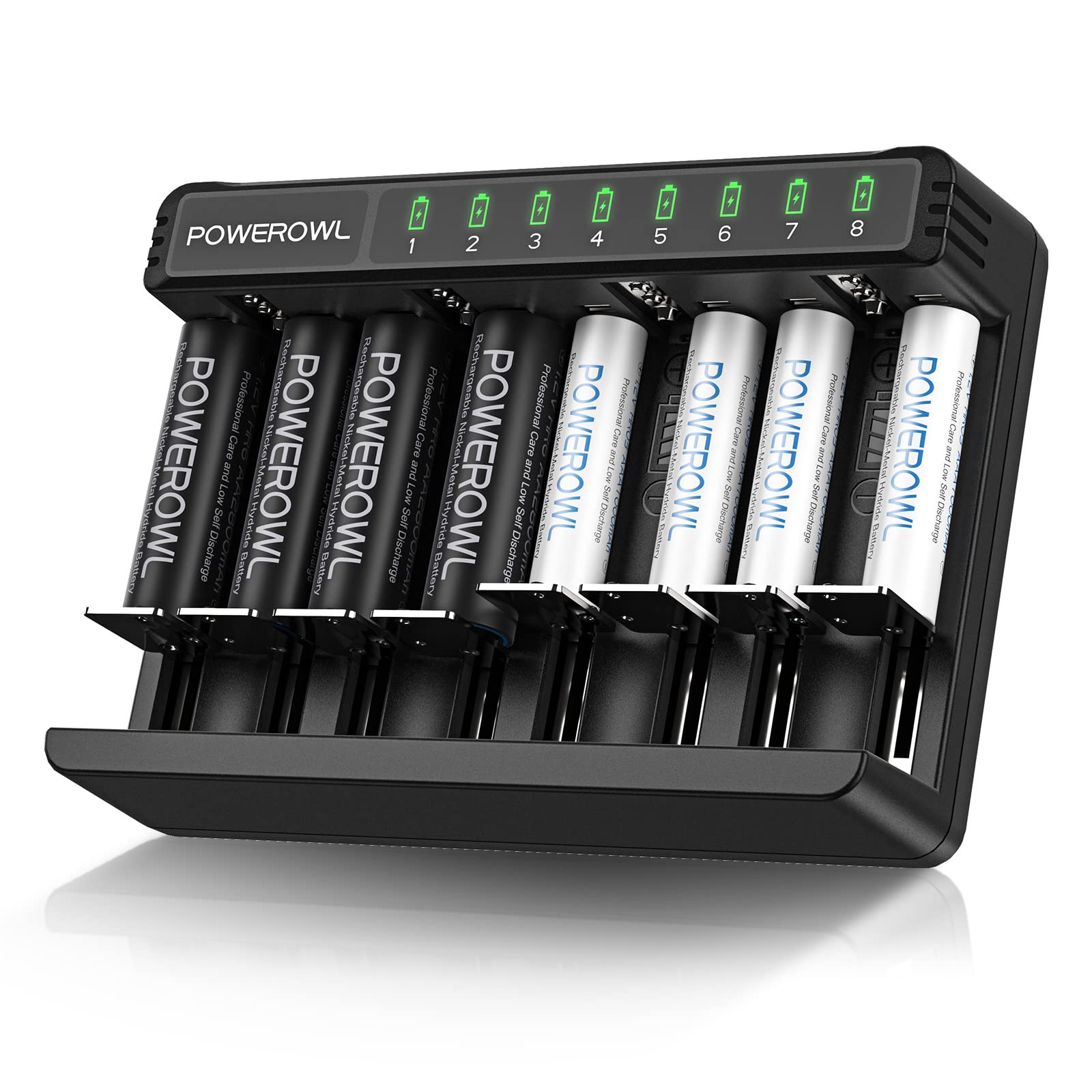 POWEROWL 4AA & 4AAA Rechargeable Batteries with Fast Charger - USB-C & Micro USB Ports - Compatible with AA AAA C D Batteries - Perfect for Cameras, Toys, Flashlights and Electronic Devices