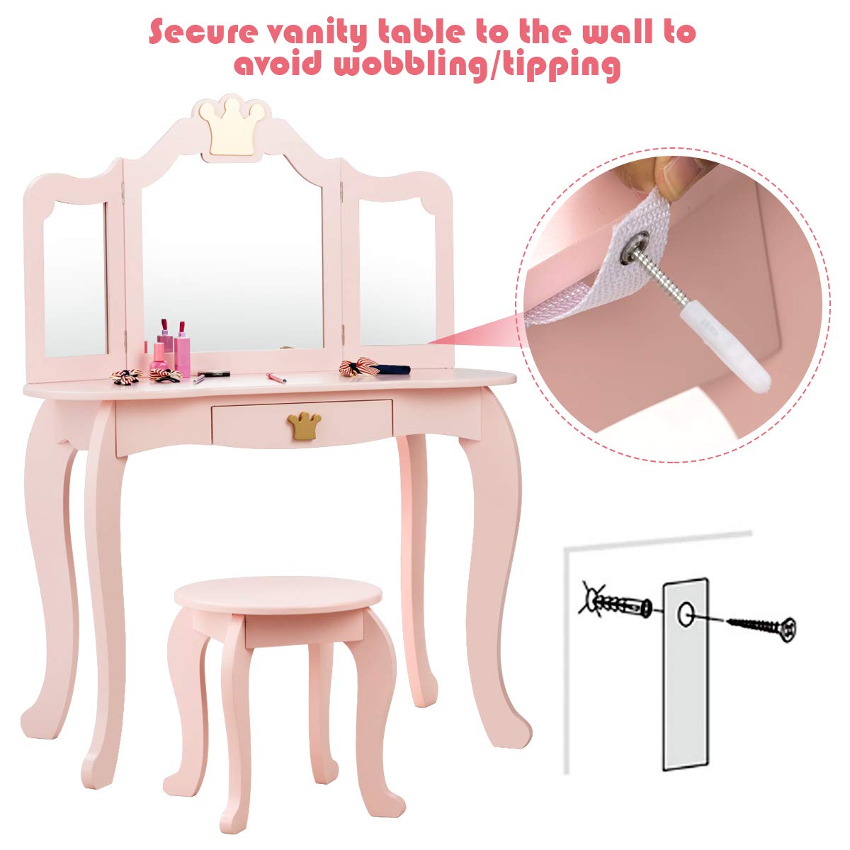 Princess Makeup Vanity Set with Mirror & Chair for Girls - Pretend Play Beauty Dressing Table (Pink) - Perfect for Bedroom Playroom