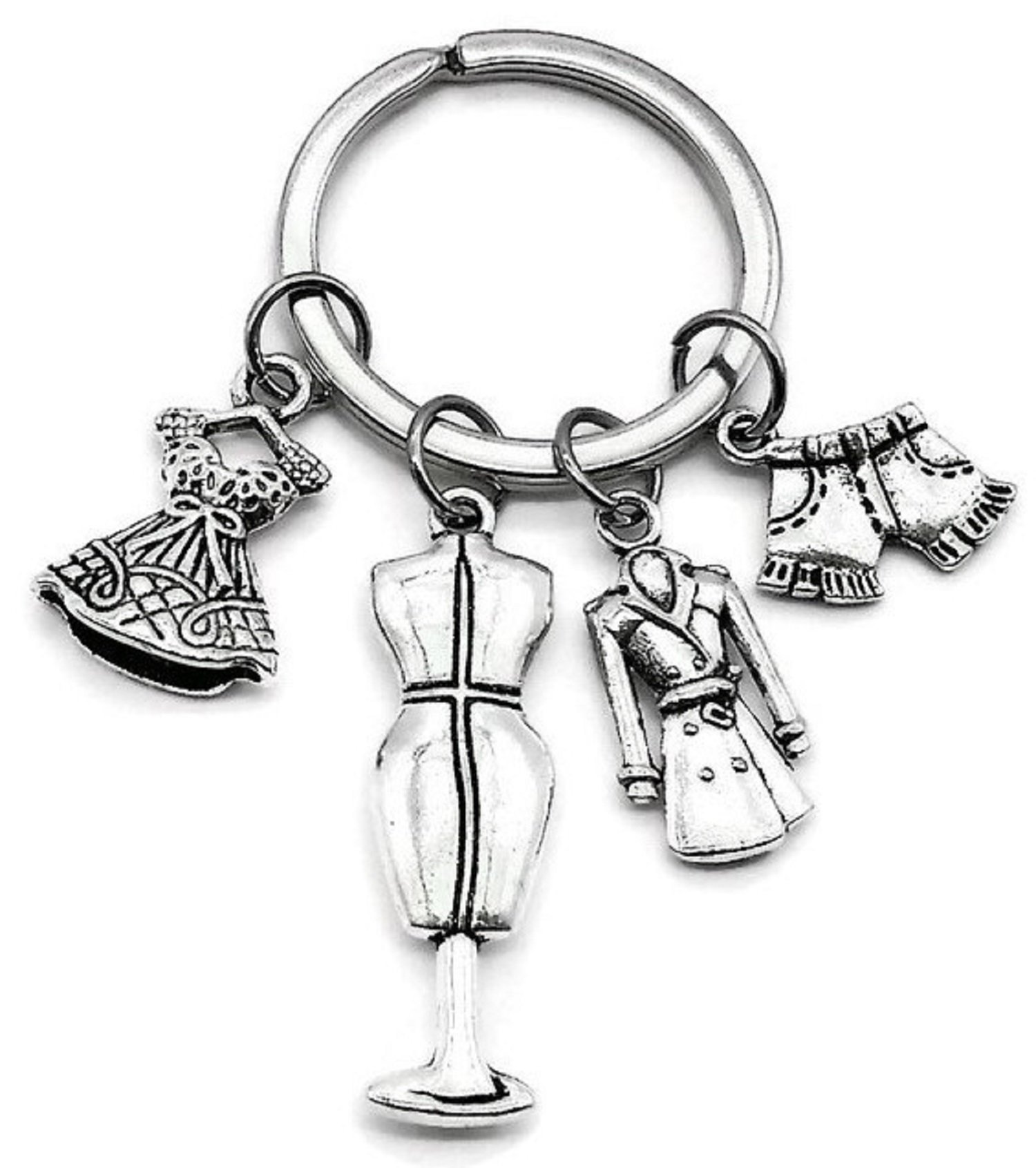 Fashion Keychain Set - Stylish Dress, Coat, Jean Shorts & Skirt Charms - Mannequin & Boutique Key Rings - Perfect Gift for Women - Great for Handbags, Backpacks & Wardrobe Accessories