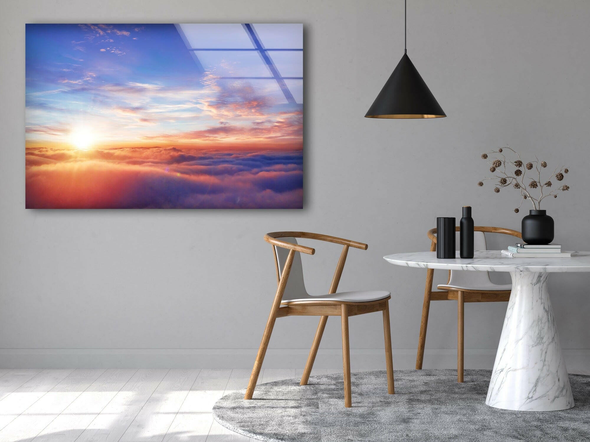 Stunning Sunrise on Glass Wall Art - Above the Clouds Panoramic Landscape Decor for Living Room, Bedroom & Office