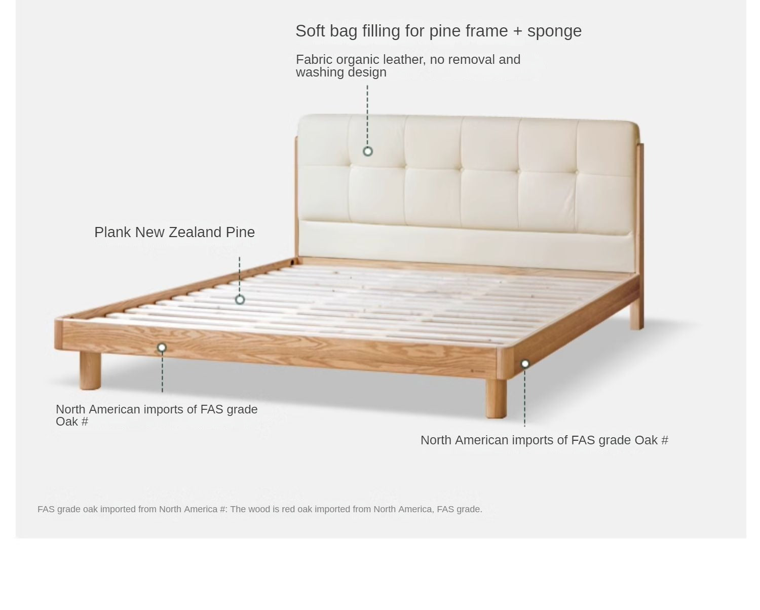 Solid Oak Wood Nordic Soft Back Bed - Modern Minimalist Design for Bedroom & Guest Room