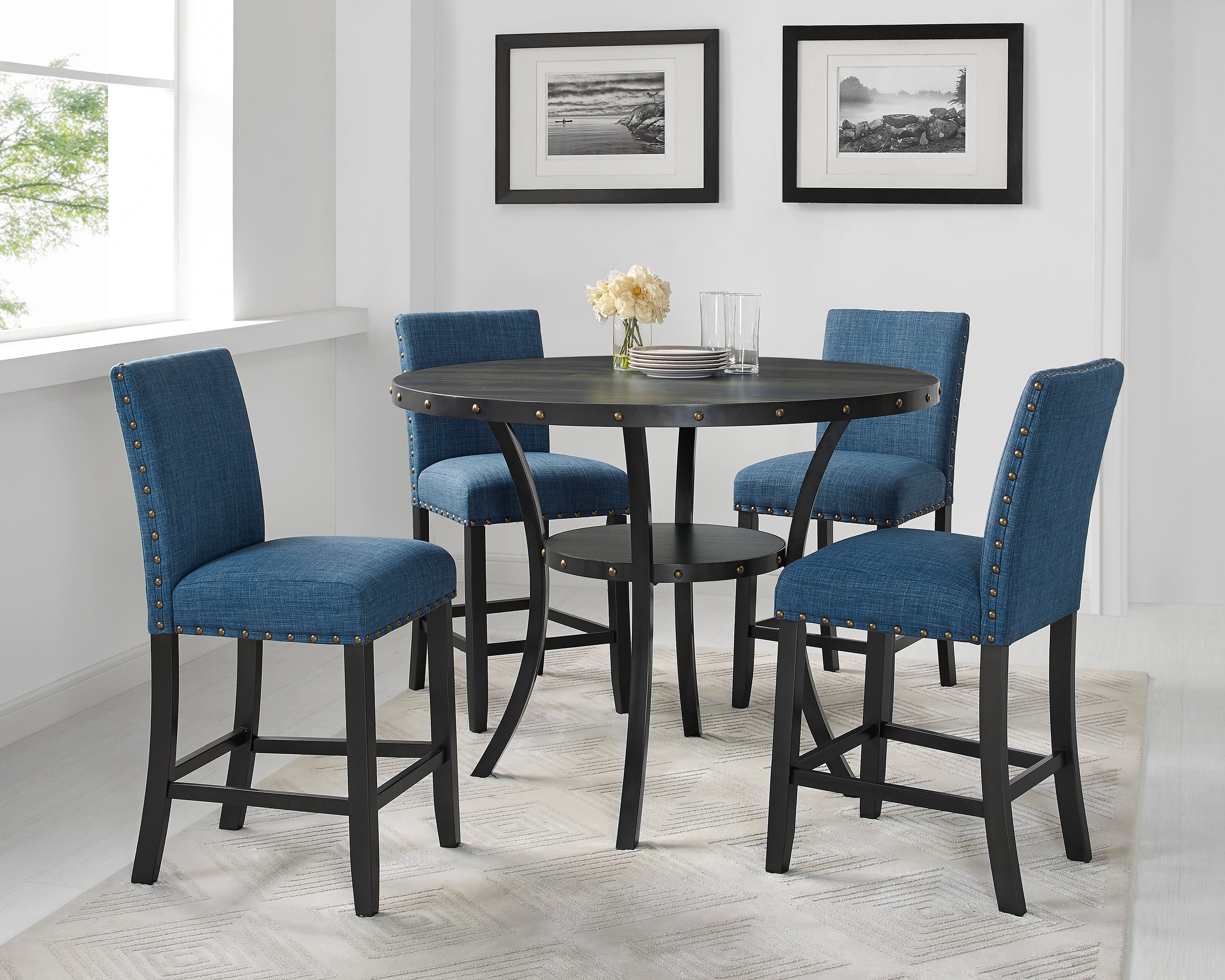 Roundhill Furniture Biony Fabric Counter Height Bar Stools with Nailhead Trim, Set of 2 - Modern Kitchen Island & Breakfast Nook Seating for Home & Office