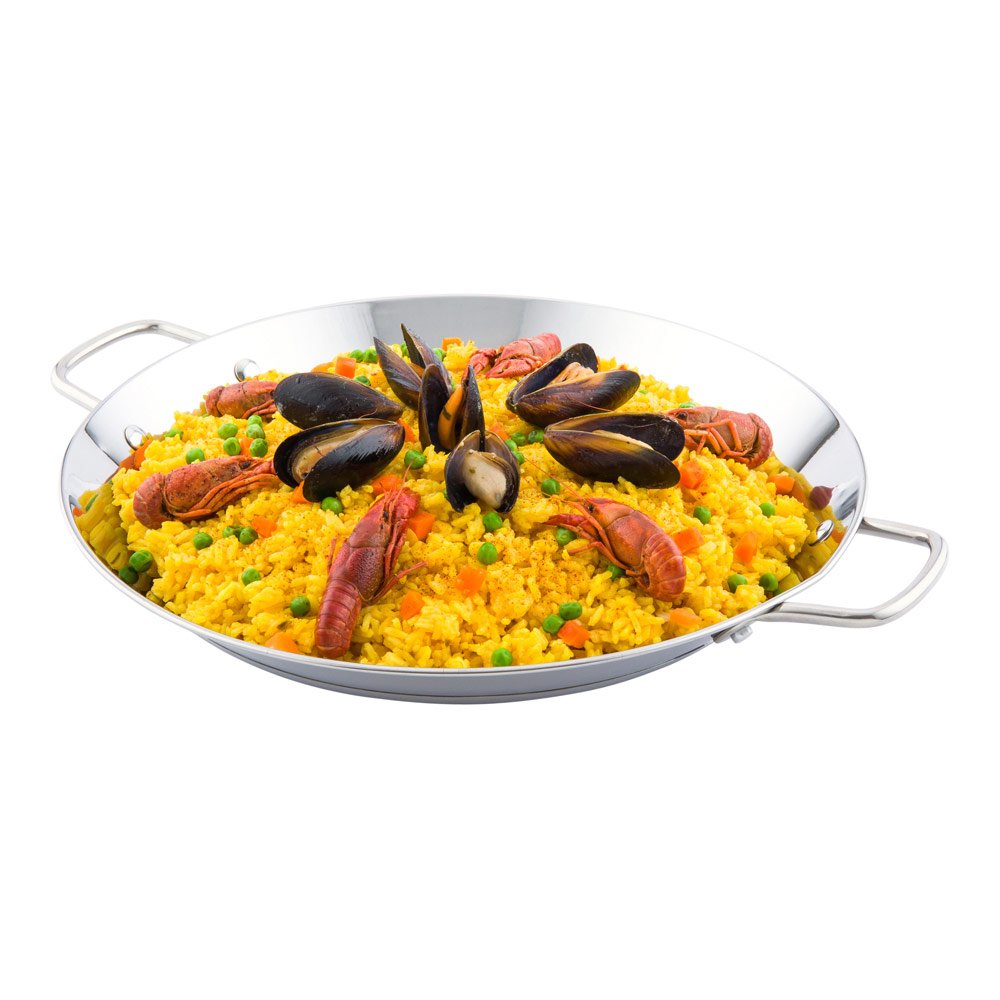 13.5 Inch Induction Ready Spanish Paella Pan - Heavy-Duty Stainless Steel with Riveted Handles, Dishwasher Safe - Perfect for Home Cooking & Restaurant Use - Great for Paella Parties, Family Gatherings & Spanish Cuisine