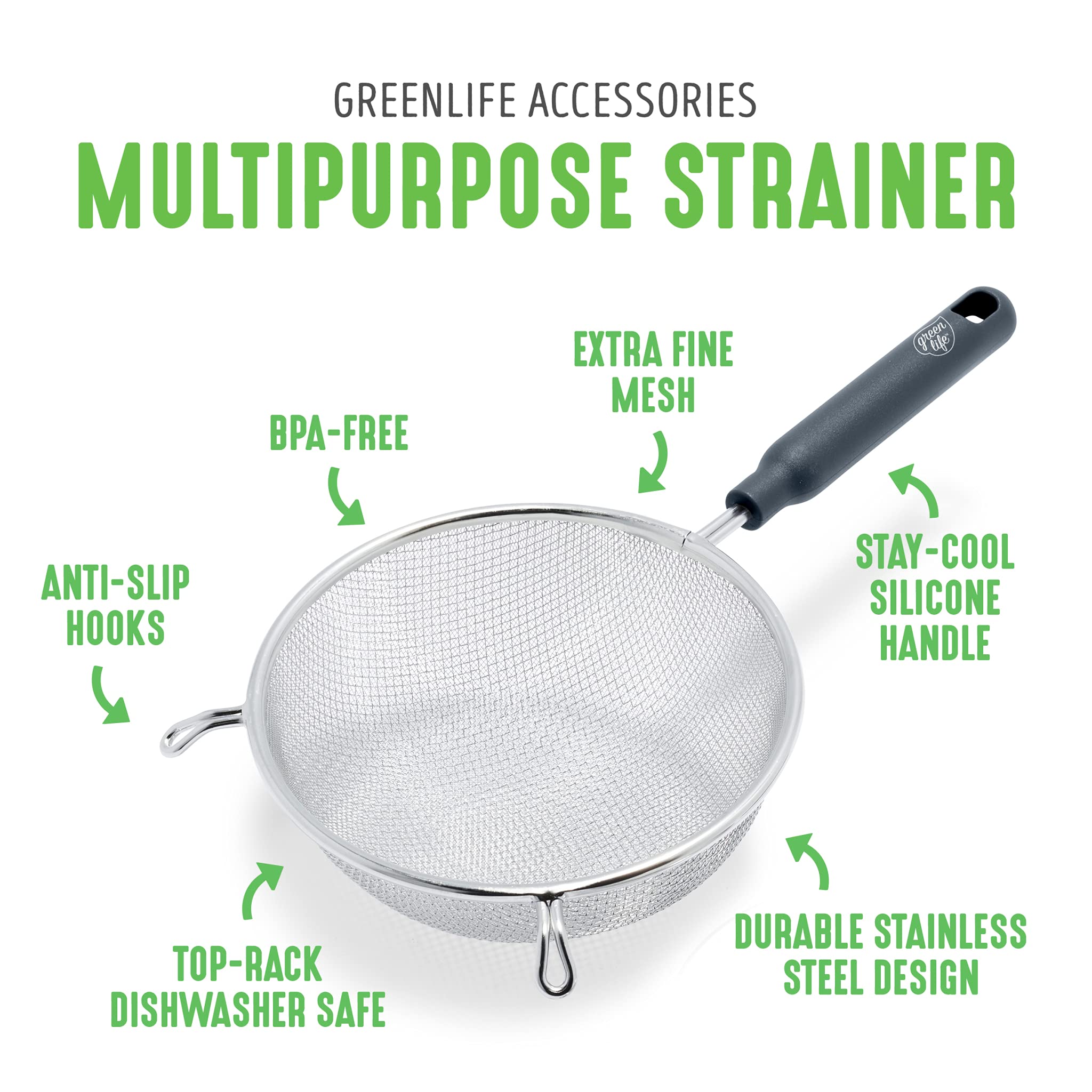 GreenLife 4-Piece Stainless Steel Mesh Strainer Set - Fine Kitchen Colander with Cool-Touch Handles, Dishwasher Safe & BPA-Free (Grey) - Perfect for Straining Pasta, Washing Vegetables, and Draining Canned Goods