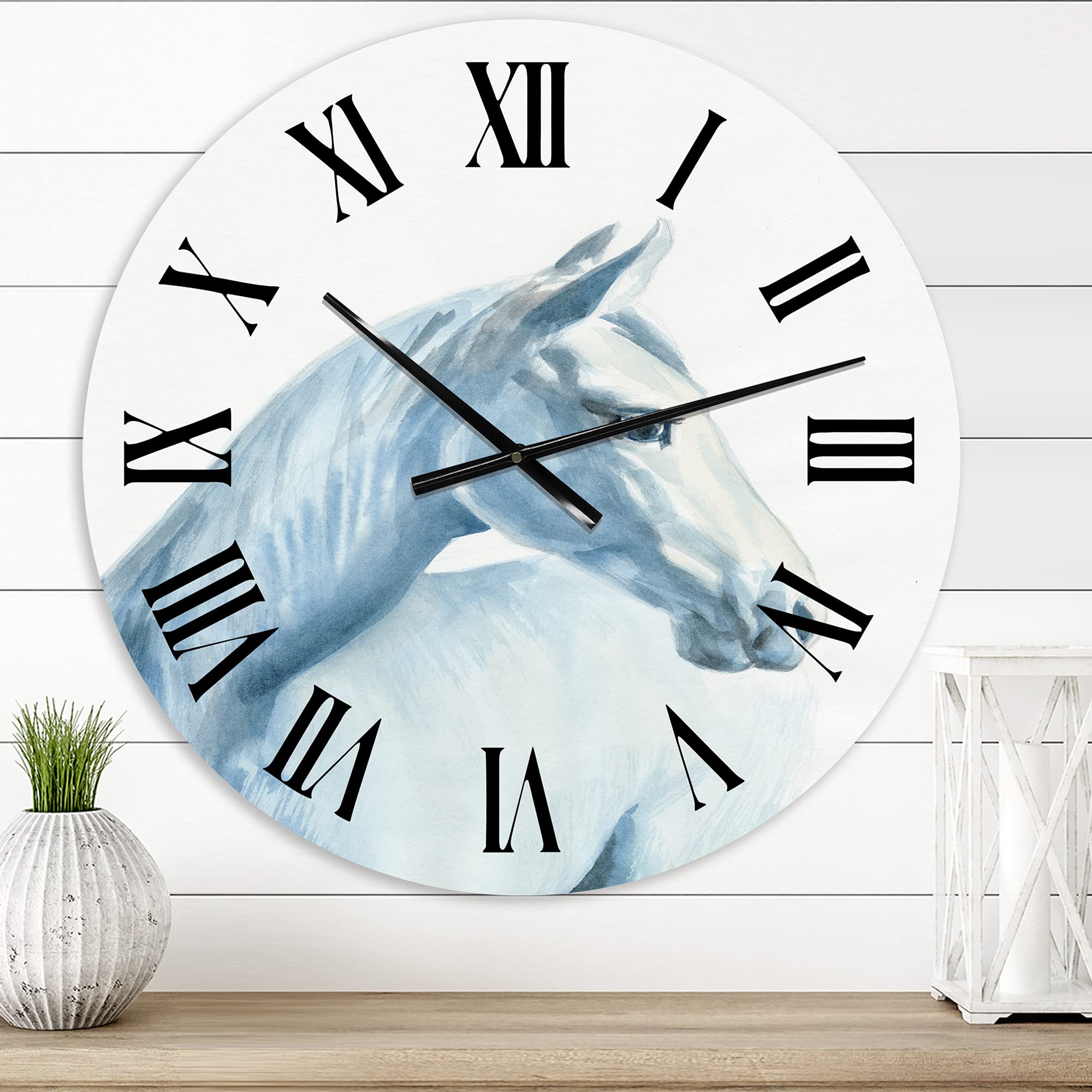 Farmhouse Wall Clock - Large Blue Horse Portrait Wall Clock for Bedroom, Living Room, Kitchen Decor | Rustic Home & Office Wall Art | Silent Non-Ticking Battery Operated Clock