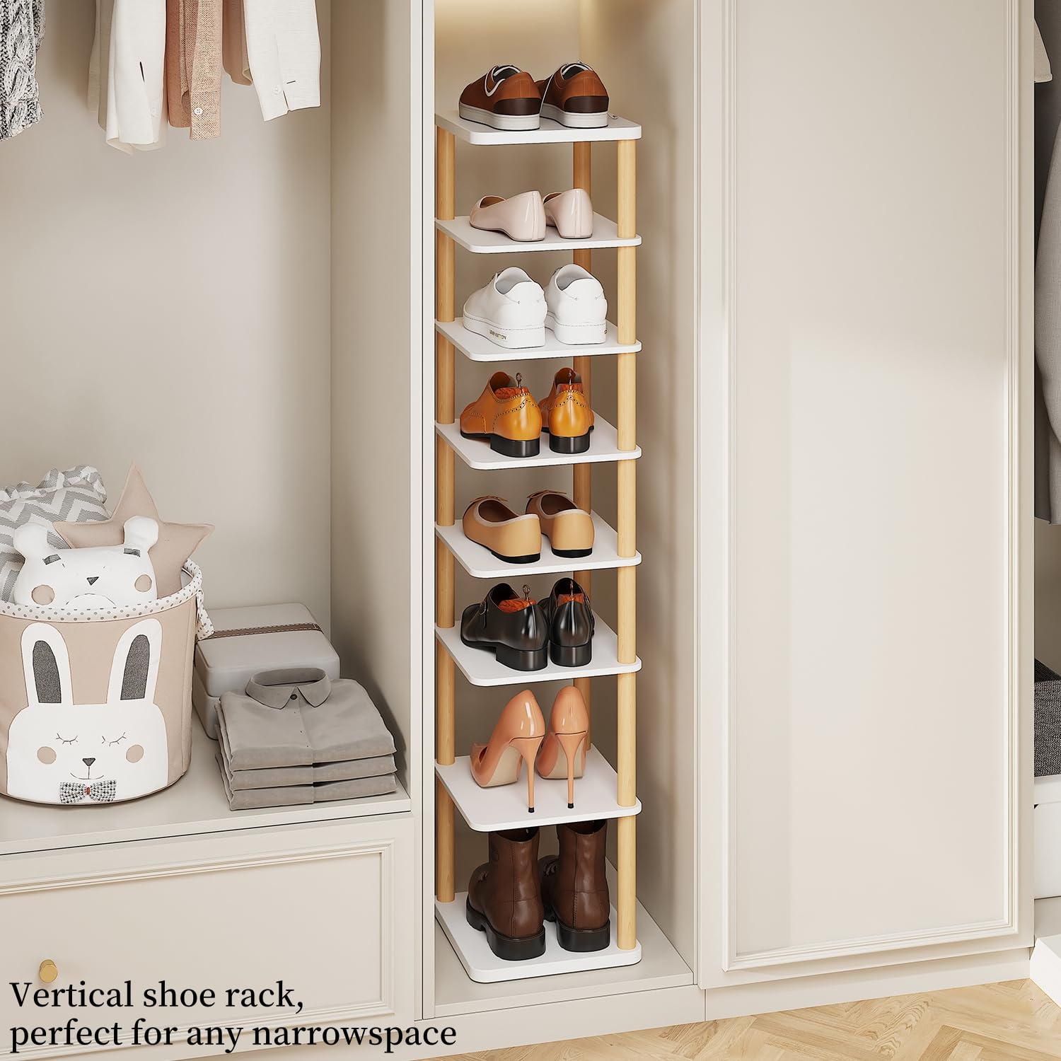 LUCKNOCK 8-Tier Vertical Shoe Rack - Space Saving Shoe Organizer for Entryway, Closet, Dorm & Small Spaces - White Freestanding Wooden Shoe Shelf for Boots, Sneakers & Heels - Perfect for Home, Office & Apartment Organization