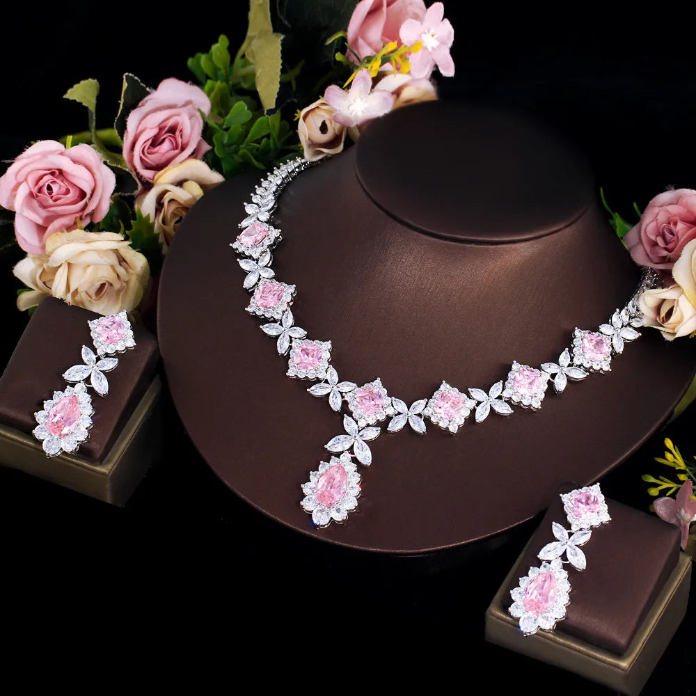 Luxury Pink Cubic Zirconia Wedding Jewelry Set for Women - 2 Piece Bridal Necklace Set, African Dubai Style Party Jewelry LYT0312 | Perfect for Weddings, Bridal Showers, and Special Occasions