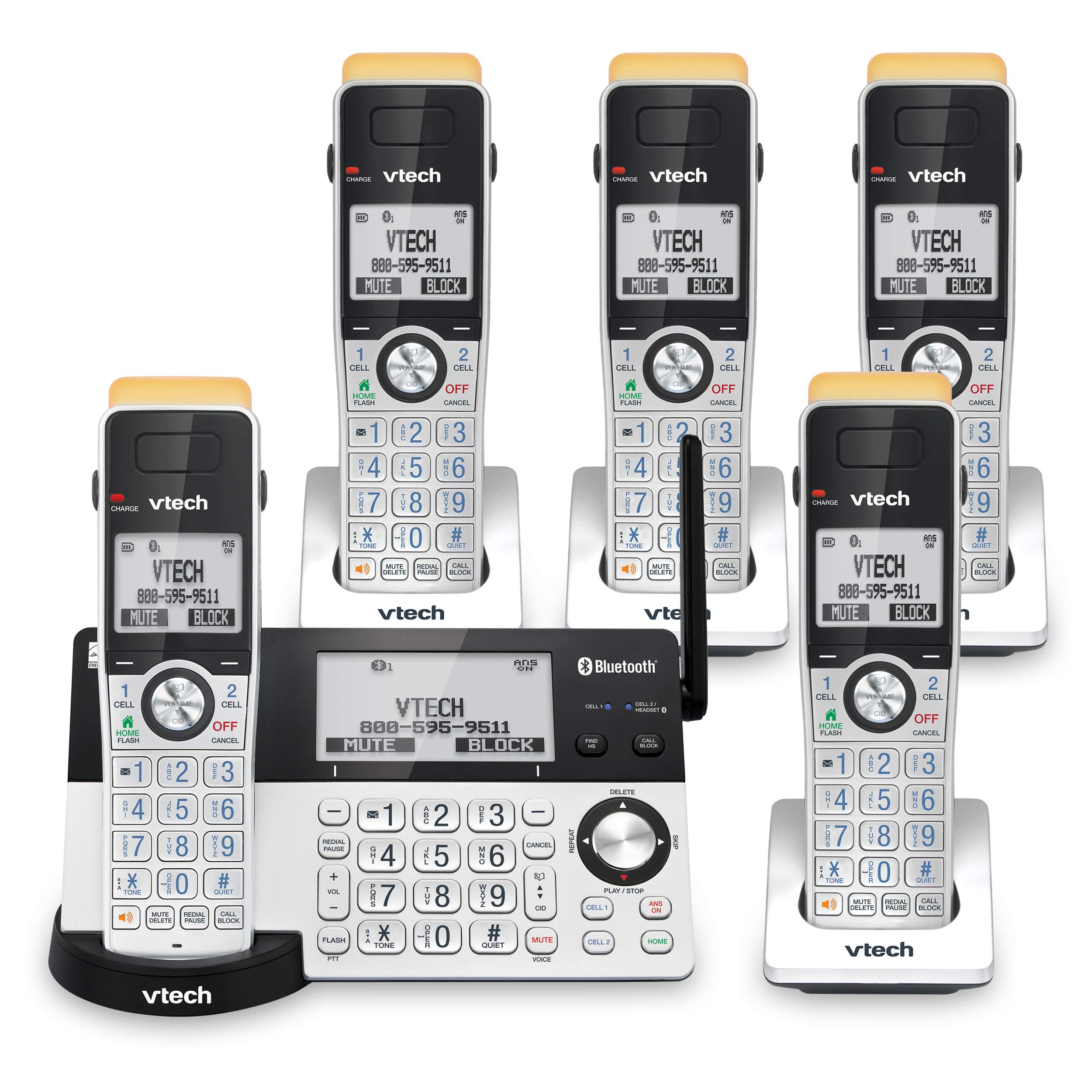 VTech IS8151-5 Super Long Range 5 Handset DECT 6.0 Cordless Phone for Home with Answering Machine - 2300 ft Range, Call Blocking, Bluetooth, Headset Jack, Power Backup, Intercom, Expandable to 12 Handsets - Perfect for Large Homes, Offices & Multi-Room Communication