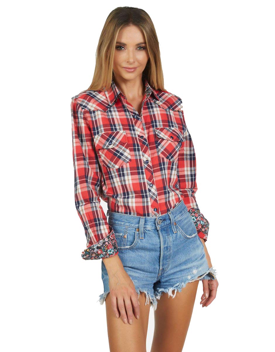 Women's Long Sleeve Plaid Button Up Shirt - Stylish Casual & Office Wear - Red Wine Color - Perfect for Fall Outfits, Work Attire & Date Nights