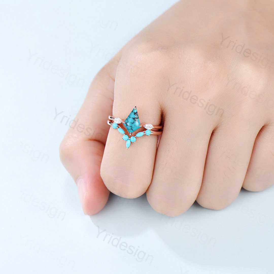 14K Rose Gold Vintage Unique Three Stone Marquise Moissanite Engagement & Wedding Ring Set for Women - Turquoise Kite Cut Bridal Jewelry Set | Perfect for Proposals, Anniversaries & Special Occasions