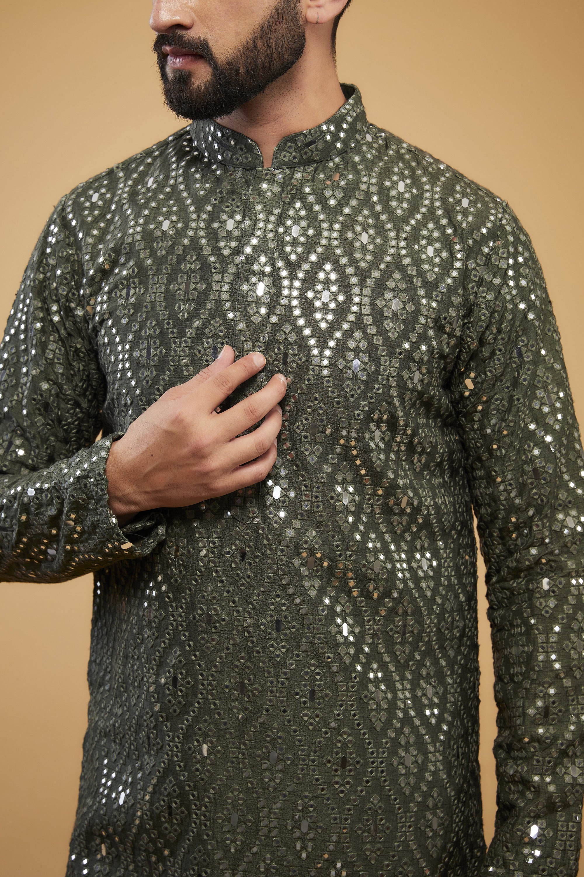 Military Green Mirror Work Kurta for Women - Embroidered Ethnic Tunic Top - Perfect for Festivals, Weddings & Casual Wear