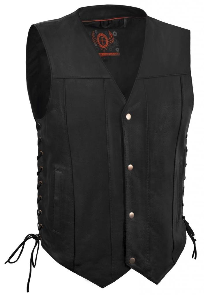 True Element Men's Side Laces Leather Motorcycle Vest with Concealed Carry Pocket - Black, Size 5XL - Biker Jacket for Harley Davidson Riders & Outdoor Adventure Enthusiasts