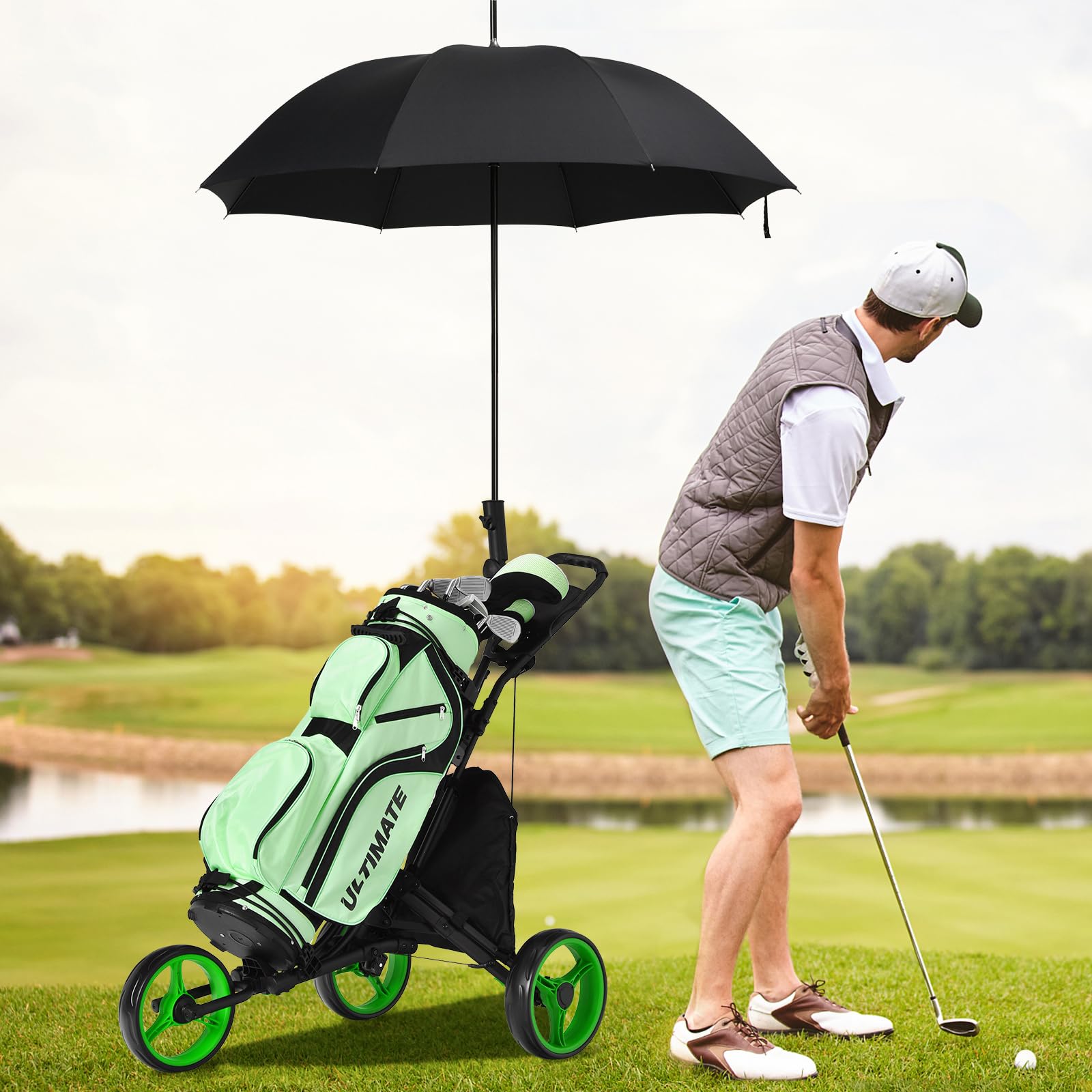 ULTIMATE 3 Wheel Golf Push Cart - Lightweight Aluminum Folding Golf Caddy with Elastic Strap, Umbrella Holder & Drink Pocket | Features Scorecard Storage, Insulated Cooler Bag, Adjustable Handle & Foot Brake | Perfect for Walking Golfers, Seniors & Course Practice