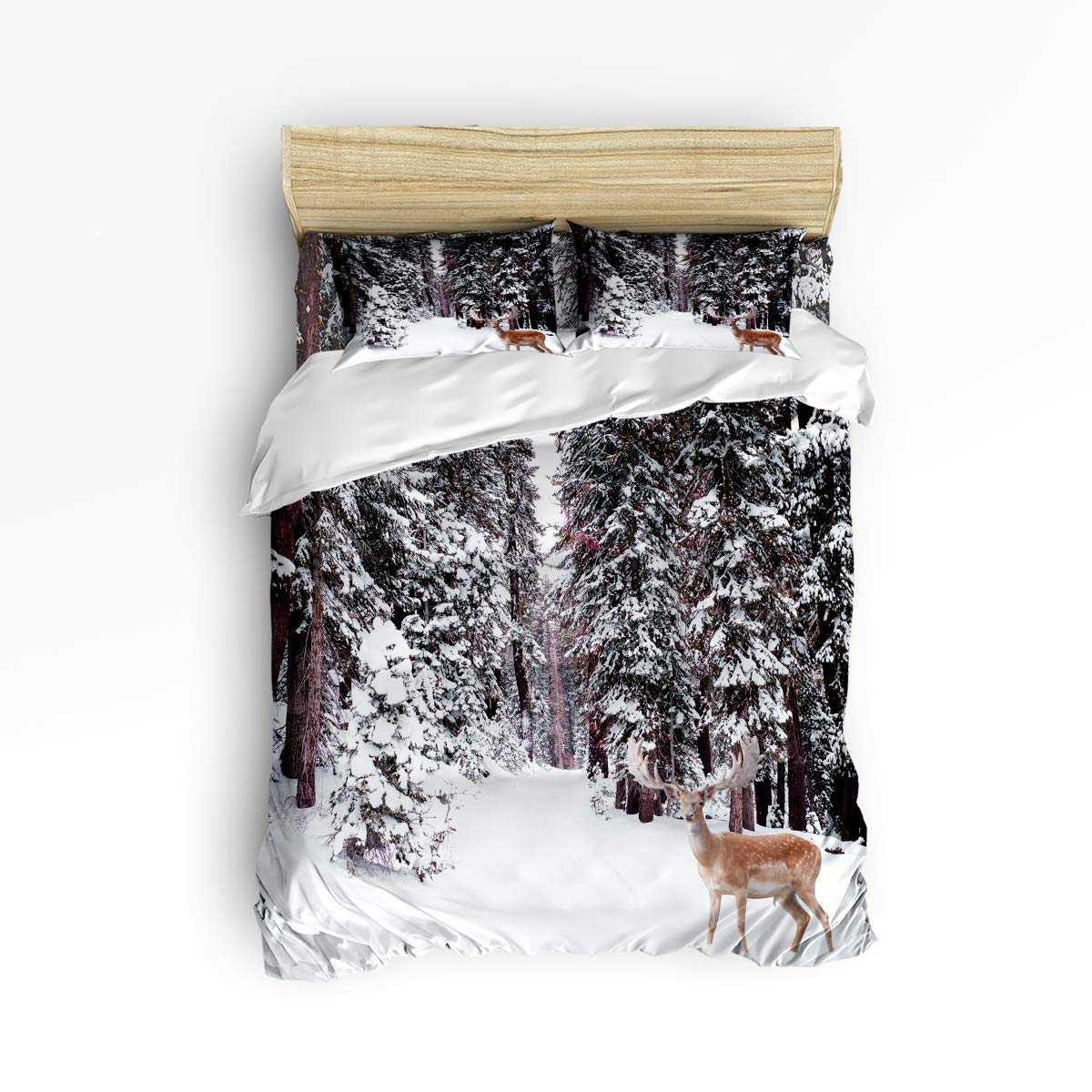 USOPHIA Twin Size 4-Piece Bed Sheet Set - Winter Forest Wildlife Deer Elk Nature Scenery Printed Microfiber Sheets for Cozy Bedroom Decor | Perfect for Kids Rooms, Guest Rooms & Cabin Retreats