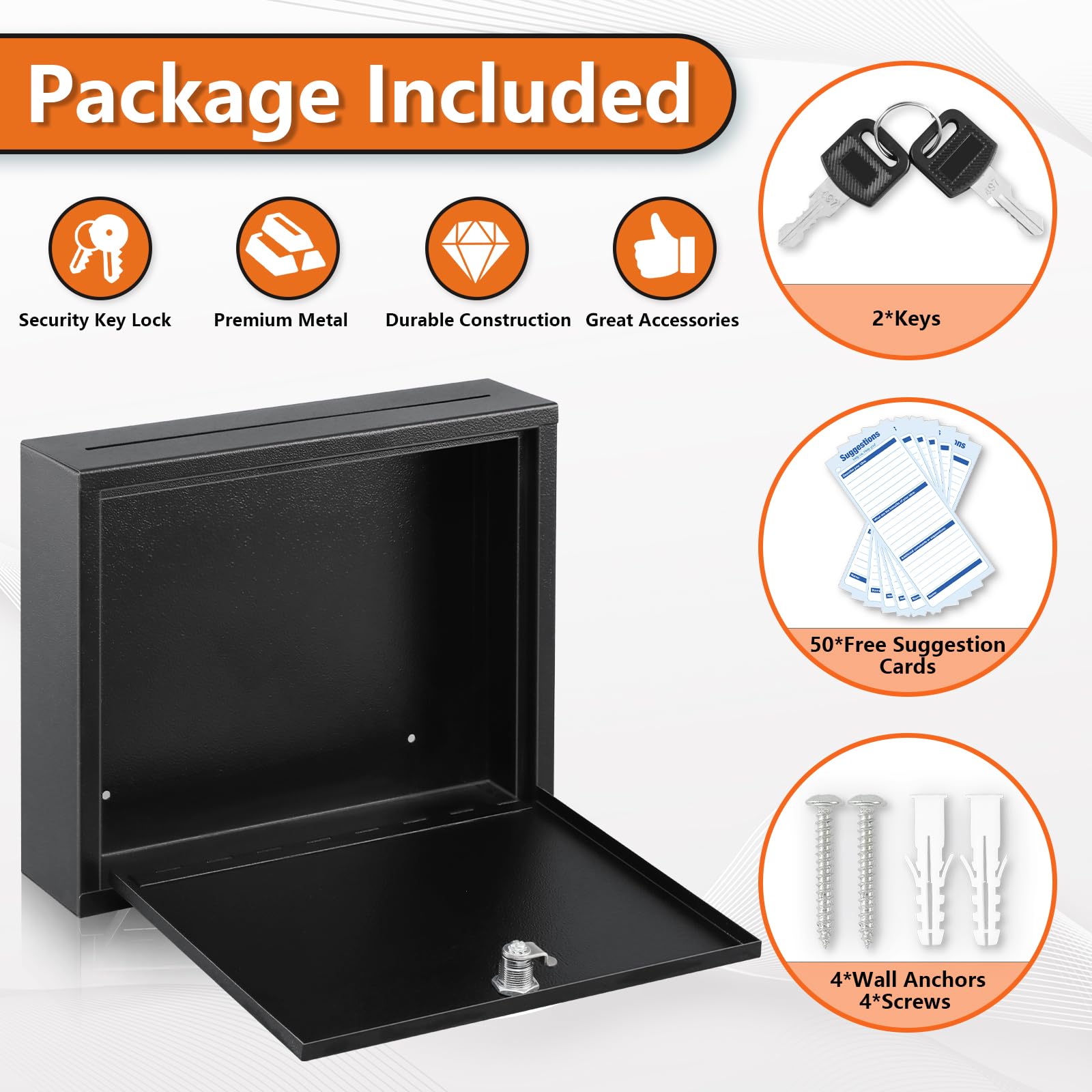 Secure Wall-Mounted KYODOLED Suggestion Box with Lock & Key - Office Mailbox, Key Drop Box, Ballot Box & Donation Box (Includes 50 Free Suggestion Cards) - 3