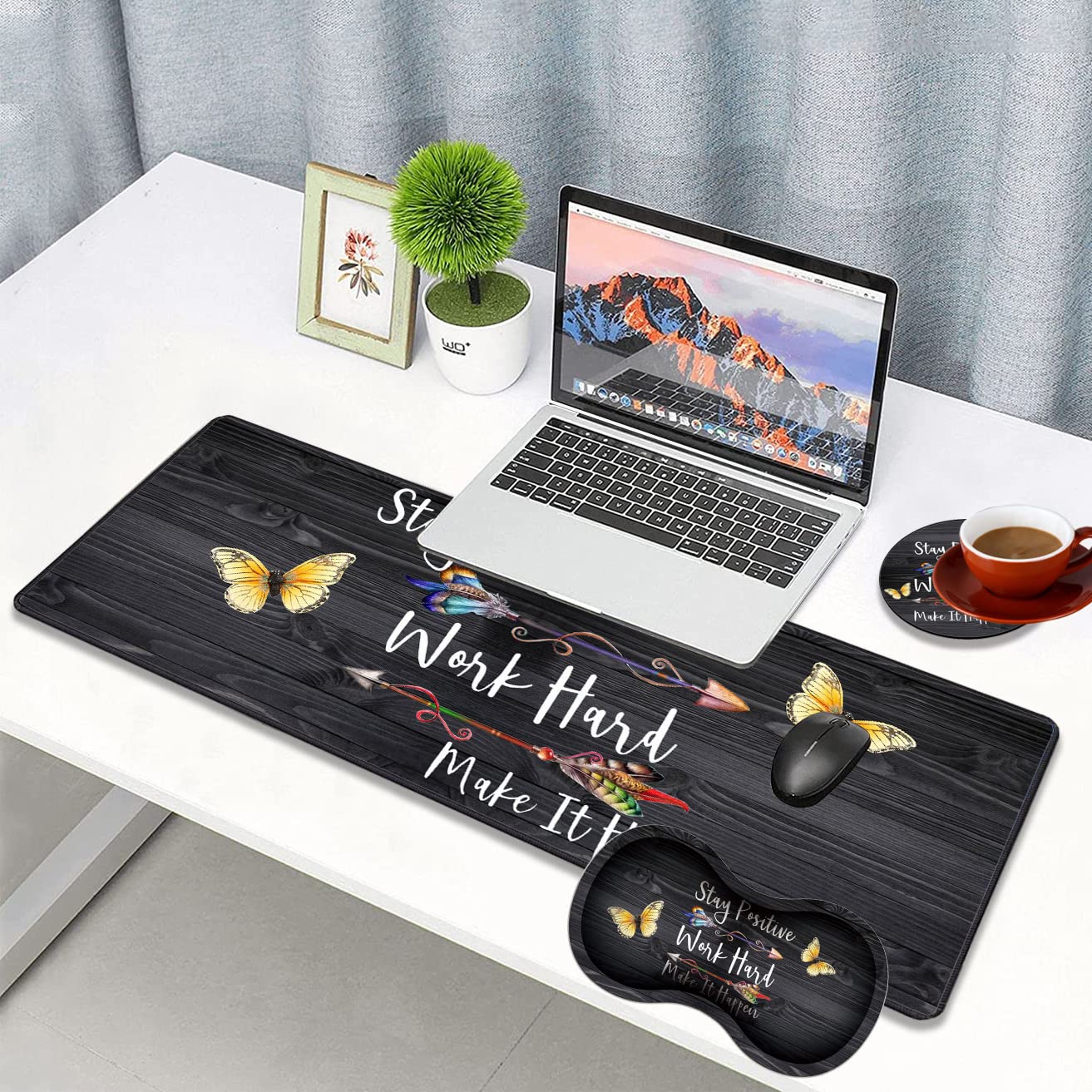 3-Piece Premium Mouse Pad Set with Stitched Edge - Extra Large Non-Slip Desk Mat, Keyboard Pad & Memory Foam Wrist Rest - Includes Bonus Coaster - Motivational 