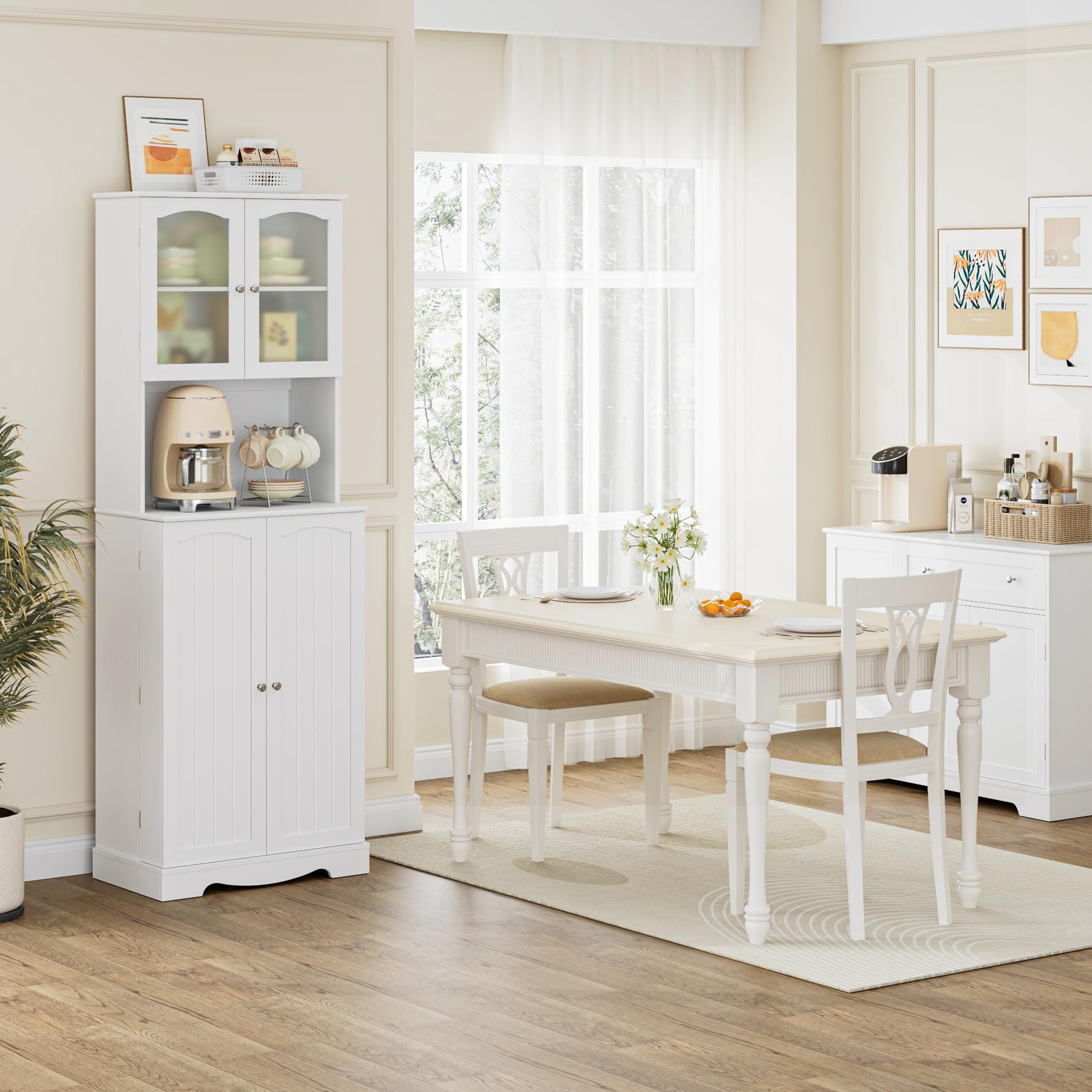 Modern White Buffet Cabinet with Storage - Wooden Sideboard with Doors, Drawers & Adjustable Shelves for Kitchen, Dining & Living Room | Perfect for Coffee Bar Setup, Home Organization & Entertaining Guests