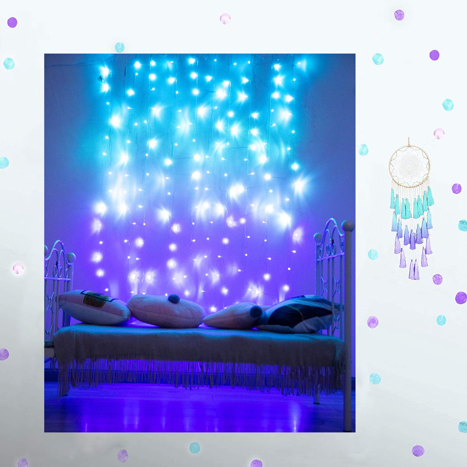 LED Fairy String Lights - Turquoise, Teal, Blue, Lavender, Purple Twinkle Curtain Lights for Bedroom Wall | Kawaii Unicorn Mermaid Teen Room Decor | Perfect for Girls' Bedrooms, Dorm Rooms & Party Decorations