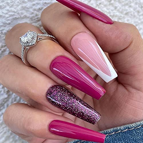 DOCVOEOMH Long Coffin Press on Nails - Silver Glitter Acrylic Fake Nails Kit with Glue, 24PCS Reusable Full Cover Gel Nails for Women | Perfect for Parties, Weddings & Daily Fashion