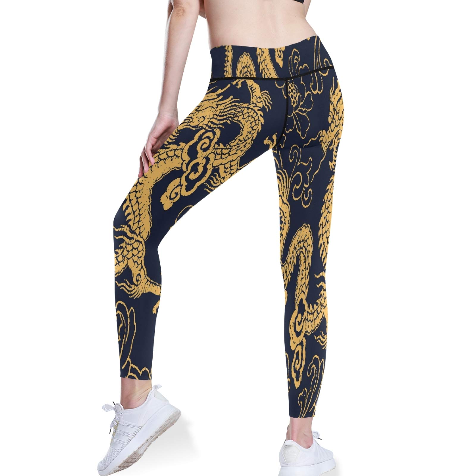 Golden Dragon Yoga Pants - High Waist Tummy Control Leggings with Pockets for Women, Workout & Running
