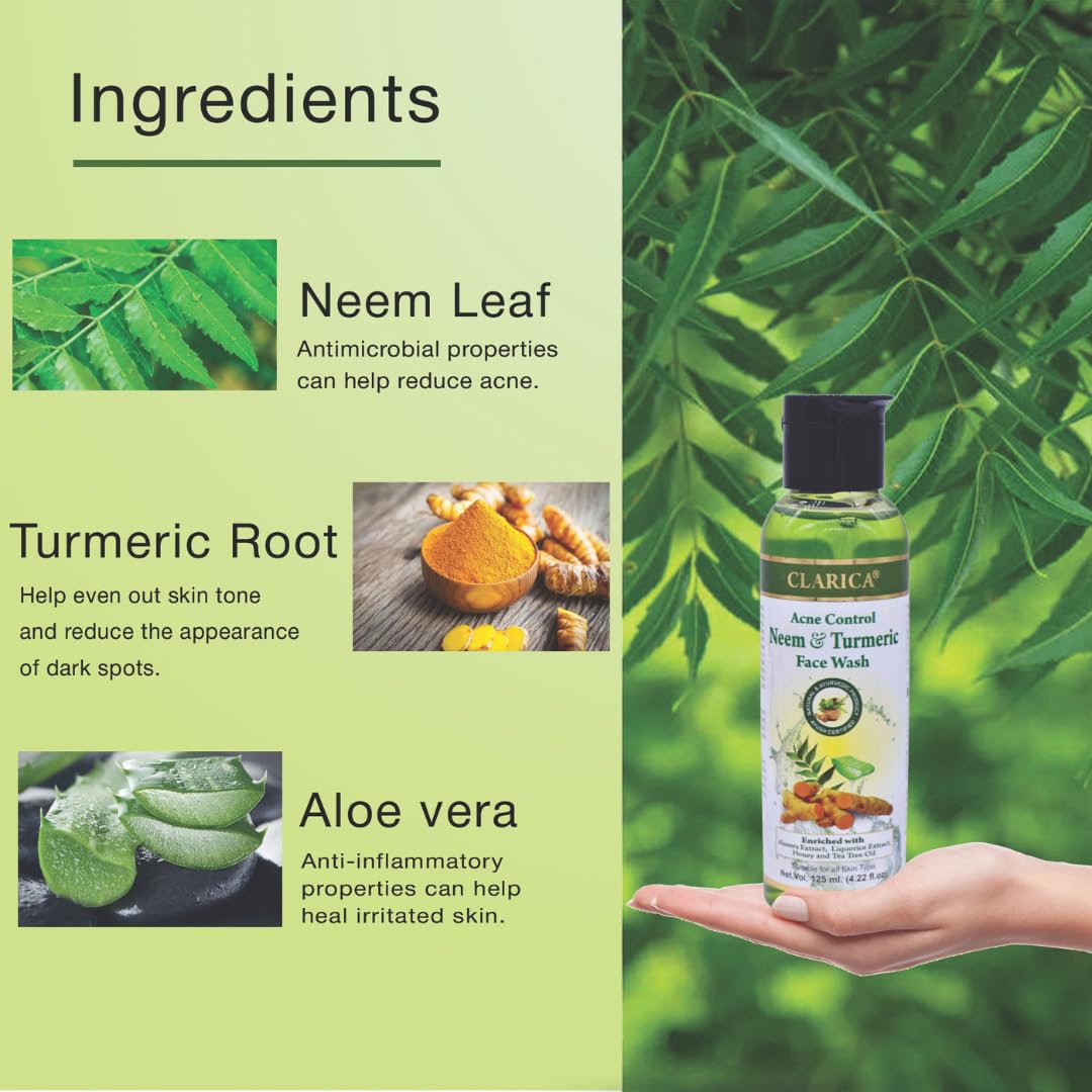Clarica Neem Face Wash for Acne Prone Skin - Sulfate & Paraben Free Anti Acne Cleanser with Tea Tree Oil for Oily & Sensitive Skin - 125ml for Women & Men | Daily Deep Cleansing & Pore Minimizing Skincare Routine
