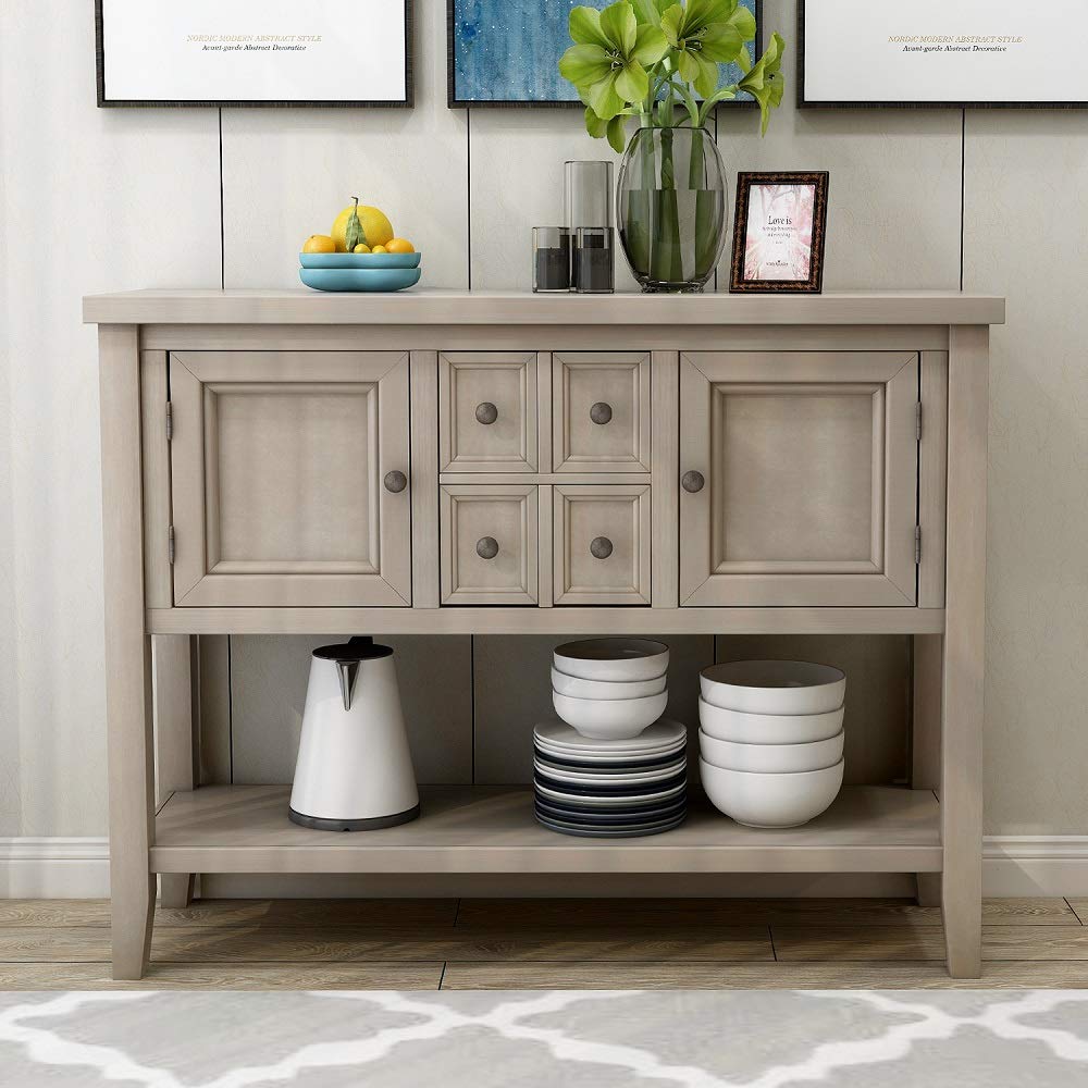 Danxee Wood Buffet Storage Cabinet Console Table with 4 Drawers & Shelves - Antique Gray Kitchen & Dining Room Furniture for Home Organization & Stylish Storage