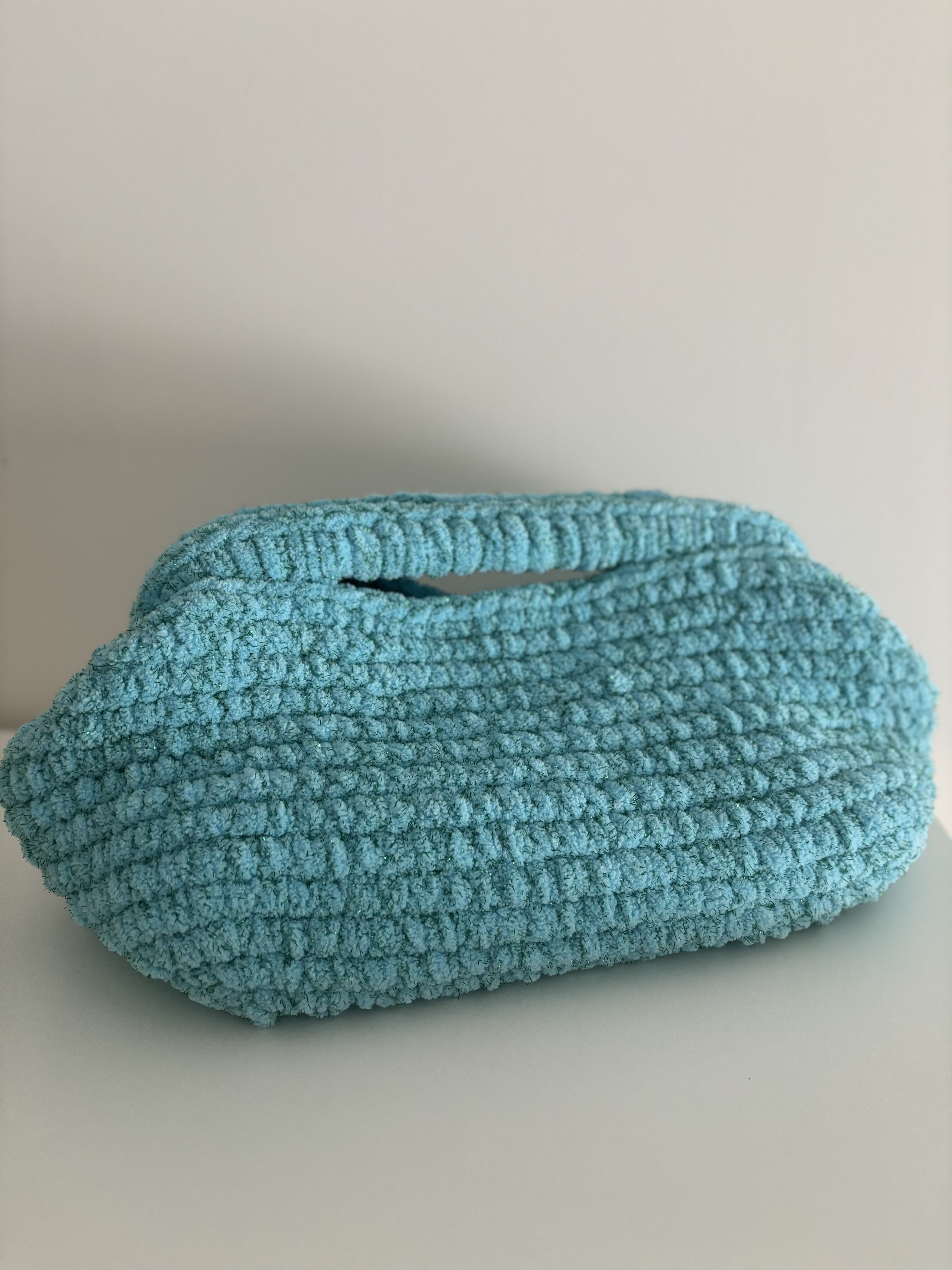 Mel Velvet Clutch Bag in Blue with Glitter Green Yarn - Elegant Evening Purse for Parties, Weddings & Special Events