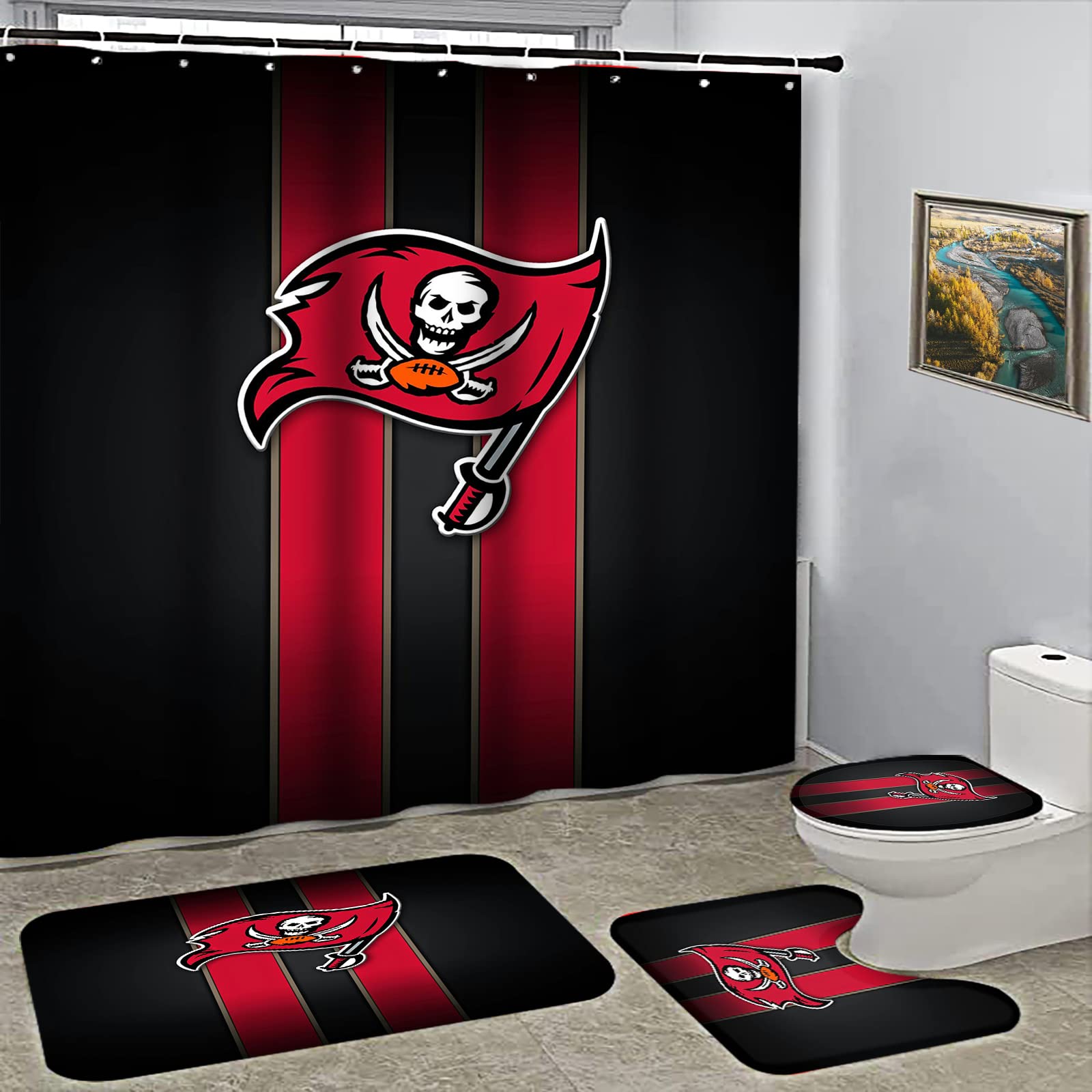 4PCS Bathroom Set with Buccaneers Shower Curtain, Non-Slip Rugs, Toilet Lid Cover & Bath Mat - Includes 12 Hooks, 72