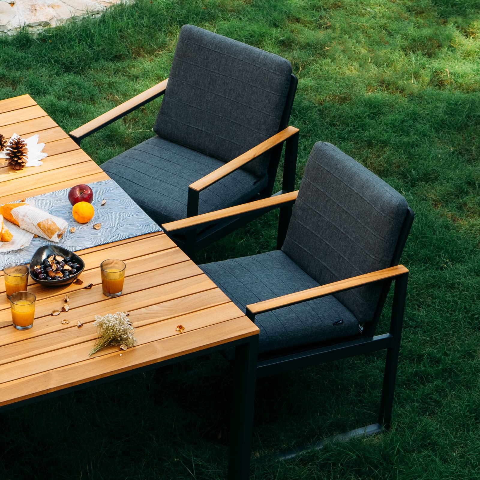 Premium Outdoor Dining Chair Set of 6 - Weather-Resistant Aluminum Patio Chairs with Teak Armrests & Cushions - Grey Garden Furniture for Backyard, Poolside & Restaurant Outdoor Seating