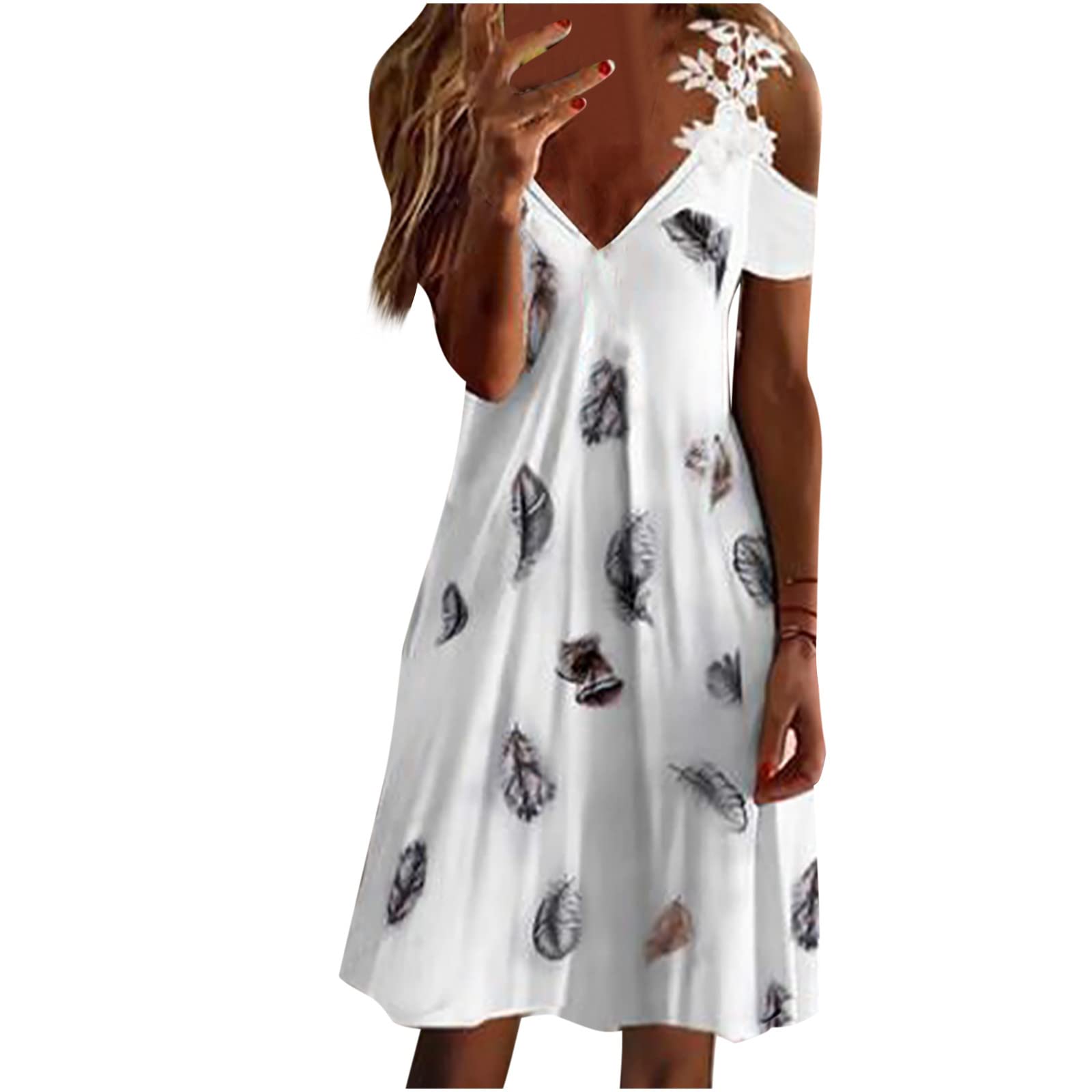 Sexy Feather Cold Shoulder Midi Dress for Women - Lace Strappy V-Neck Summer Sundress with Floral Print | Perfect for Beach Vacations, Date Nights & Outdoor Parties