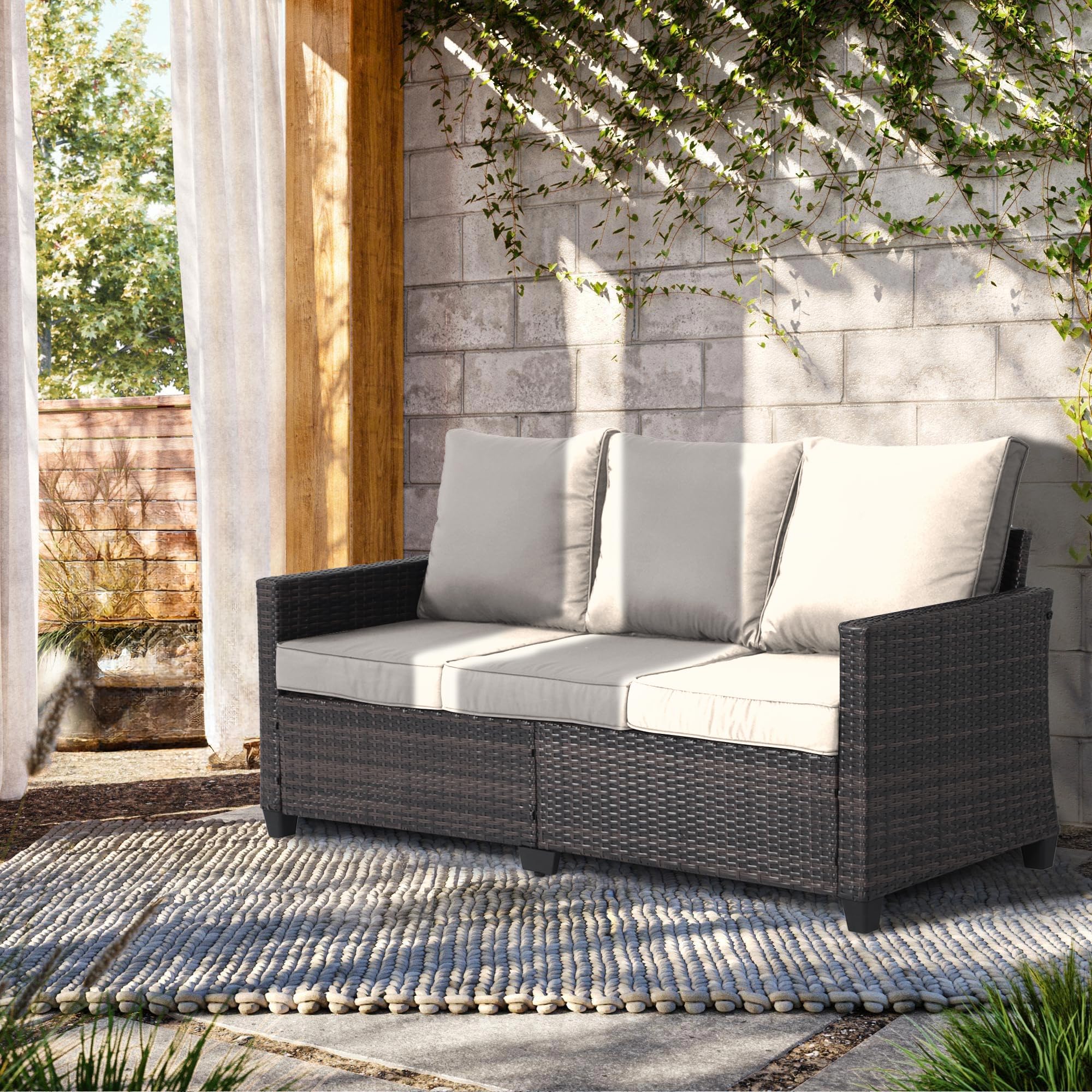 All Weather Wicker Patio Couch - 3-Seater Outdoor Sofa with High Curved Back, Durable Brown Rattan & Thick Cushions - Perfect for Garden, Backyard, Porch, Poolside & Patio Furniture (Beige)