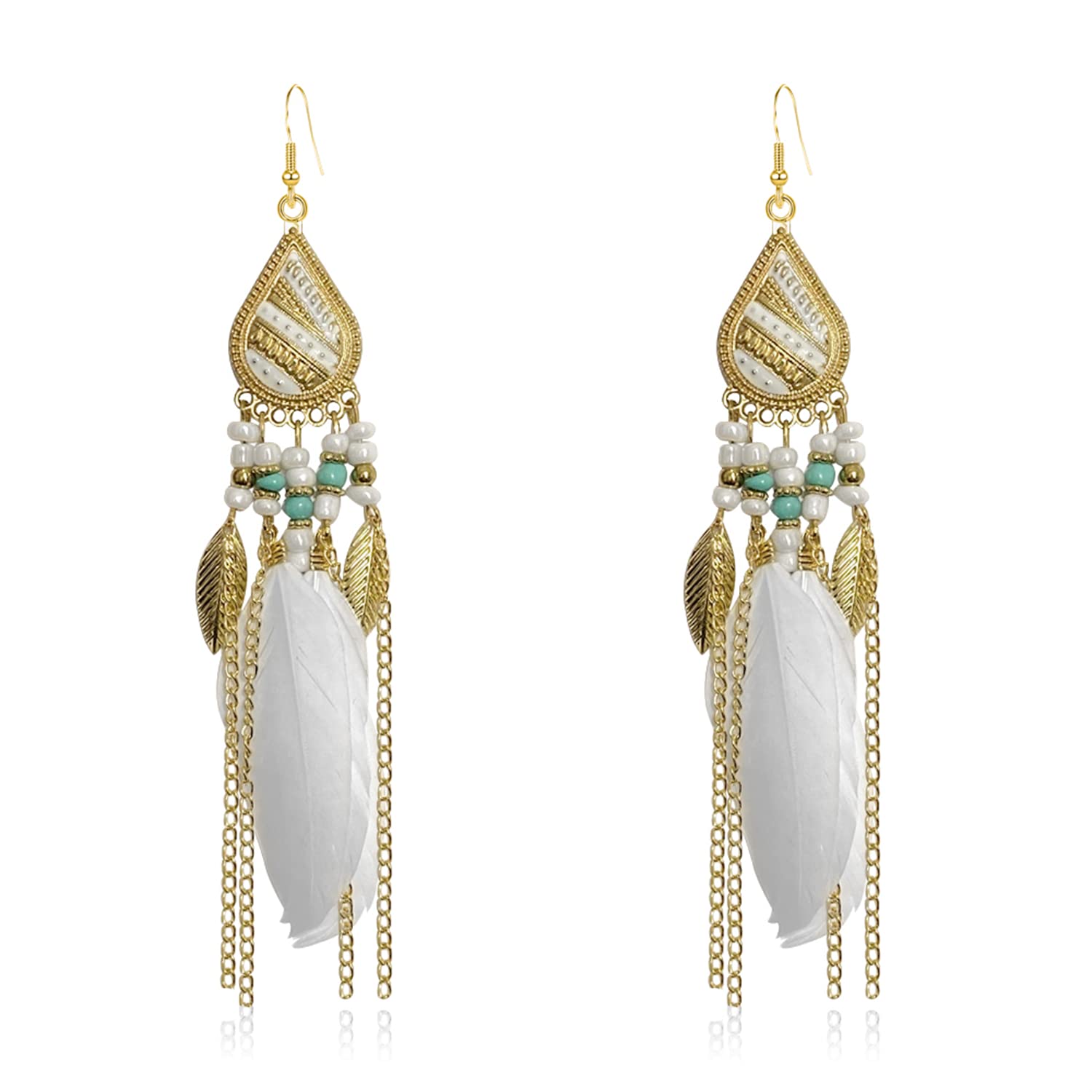Bohemian Feather Tassel Drop Earrings for Women - Gold Ethnic Dangle Earrings with Beads, Retro Boho Jewelry for Teen Girls | Perfect Birthday Gift & Party Accessories for Festivals, Weddings and Casual Wear