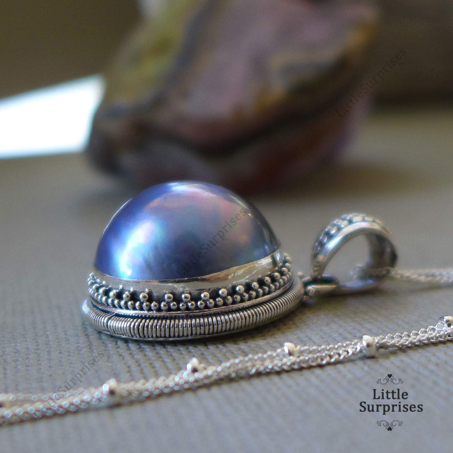 Elegant Purple Grey Mabe Pearl Bali Sterling Silver Pendant Necklace - 20 Inch Chain for Women | Perfect for Weddings, Parties & Special Occasions