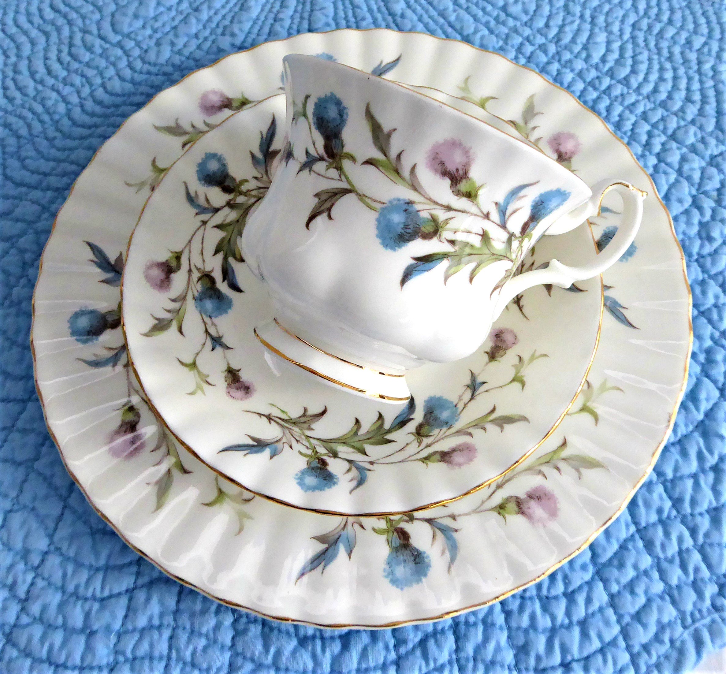 Royal Albert Brigadoon Teacup Trio Set - Pink & Blue Thistles with Gold Trim - Vintage 1970s Bone China - Perfect for Afternoon Tea, Collecting & Elegant Home Decor
