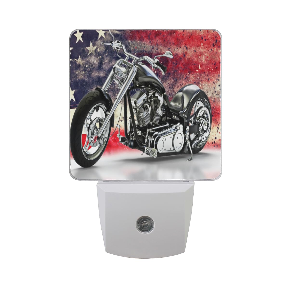 American Flag Black Motorcycle LED Night Light Set of 2 - Auto Dusk-to-Dawn Sensor Plug-in Nightlights for Bedroom, Bathroom & Home Decor | Perfect for Patriotic Themed Rooms, Man Caves & Motorcycle Enthusiasts