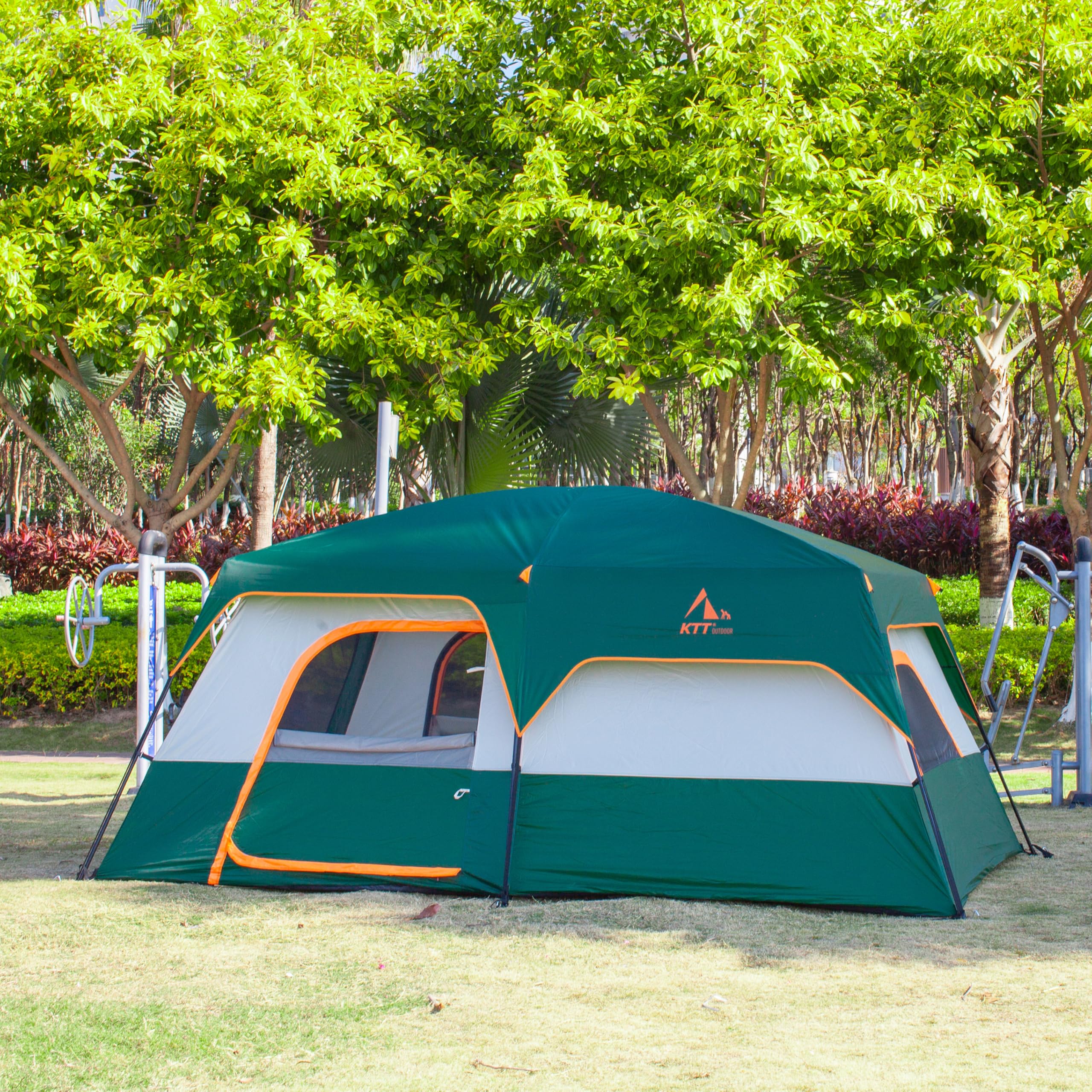 KTT Extra Large Family Cabin Tent for 10-12-14 People (Style-B) - 2 Rooms, 3 Doors & 3 Windows with Mesh, Straight Wall Design, Waterproof Double Layer - Perfect for Camping, Picnics, Outdoor Adventures & Family Gatherings