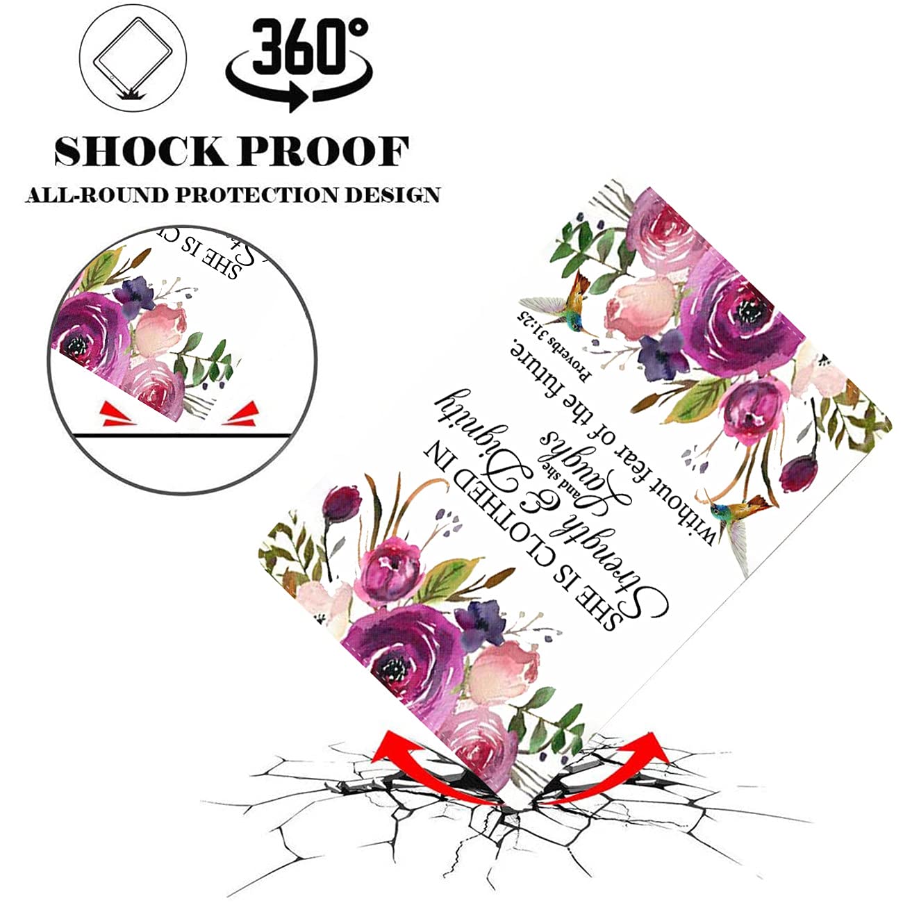 Premium iPad Case for 9.7 Inch Models (iPad 6th/5th Gen, Pro 9.7, Air 2 & Air) with Christian Bible Verse Design - Proverbs 31:25 Hummingbird & Watercolor Flowers in Pink & Purple - Perfect for Work, Study & Church