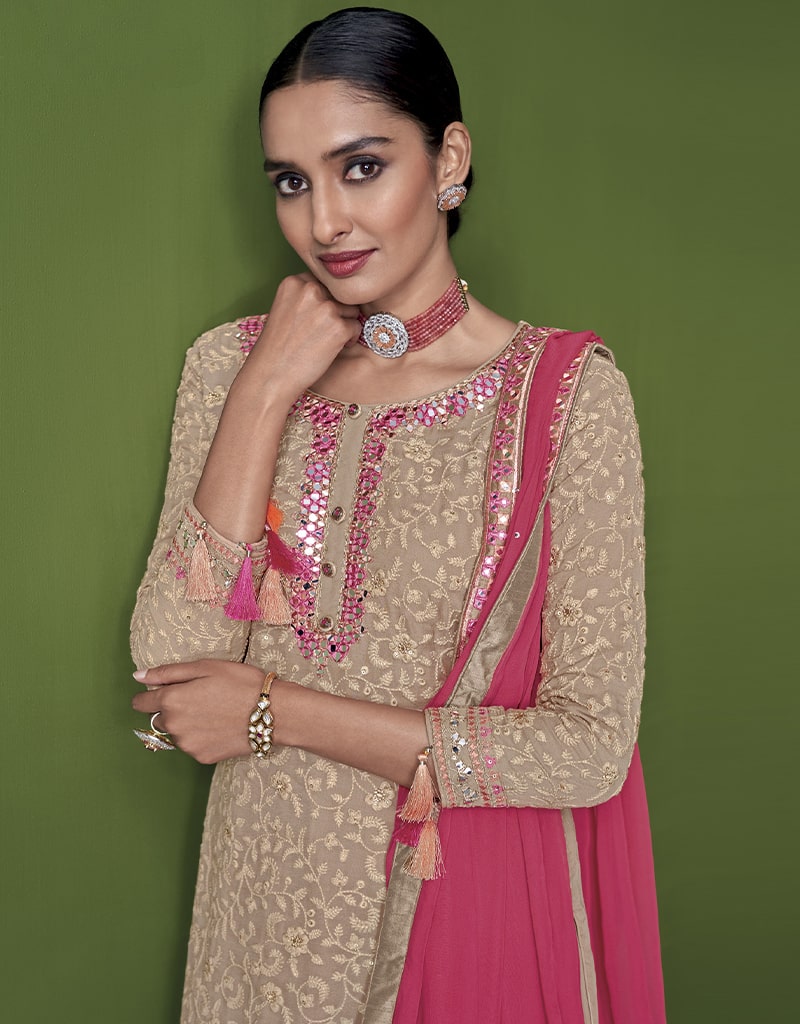 Elegant Beige Sharara Style Suit - Faux Georgette Fabric for Women's Ethnic Wear | Perfect for Weddings, Parties & Festive Occasions
