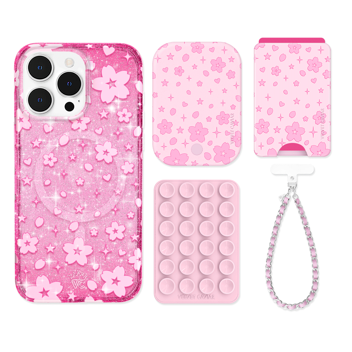 Cherry Blossom Glitter iPhone Case with Wallet - Cute Floral Phone Cover & Card Holder for Women - Perfect for Spring Outfits, Travel, and Everyday Use