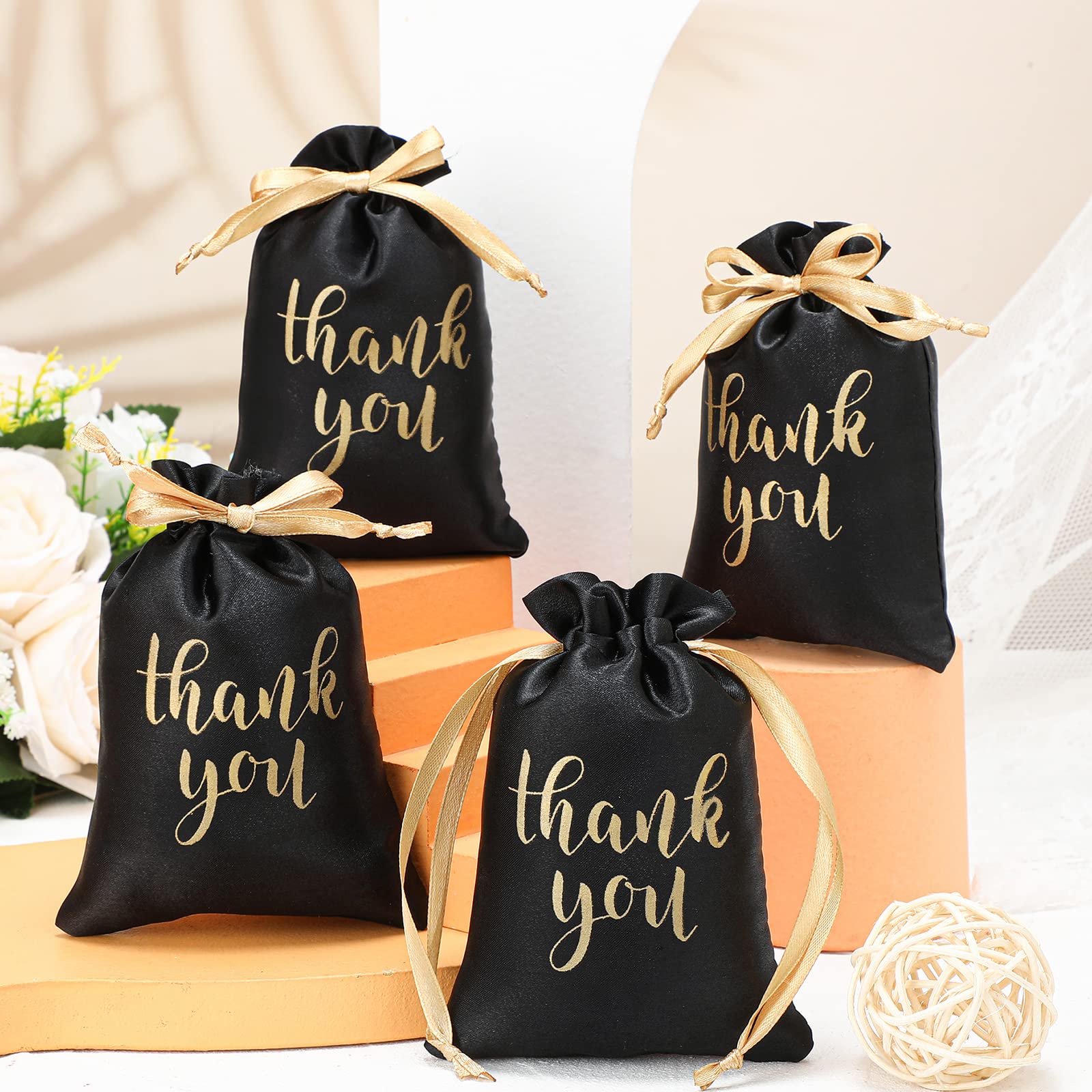Roowest 100 Pcs Black Satin Drawstring Gift Bags - 4x6 Inch Jewelry Candy Pouches for Wedding, Bridal Shower, Baby Shower, Birthday & Holiday Party Favors - Perfect for Thank You Gifts, Party Decorations and Small Item Storage